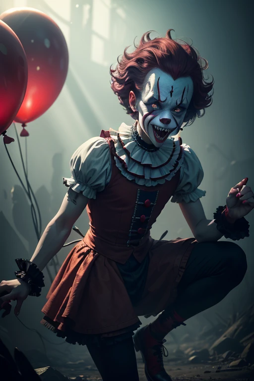 a dancing clown, pennywise, performing a break dance, horror, creepy, supernatural, dark fantasy, surreal, (best quality,4k,8k,highres,masterpiece:1.2),ultra-detailed,(realistic,photorealistic,photo-realistic:1.37),intricate details, sinister expression, sharp teeth, long fingers, red balloon, dark circus, dramatic lighting, moody atmosphere, vibrant colors