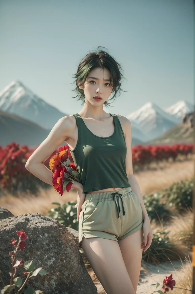 (((best quality))),(((ultra detailed))),(((masterpiece))),illustration,((1 beautiful girl,tomboy,solo)),(short black hair:1.3),((slim,thin)),((small breasts,thin)), vigorous, confident, (light green tank top:1.3), (dark green sports shorts:1.2),(slender legs:1.2),(standing:1.3),simplicity, robustness, strong features, (Abandoned Gobi Scene:1.3),(Rock surface:1.2),glowing eyes, rebellious, sensible, (mountainous landscape:1.3), (beside a vibrant red flower:1.3),elegance, unyielding spirit, youthful beauty, strength, resilience, adversity, challenges,((from front,upper body))