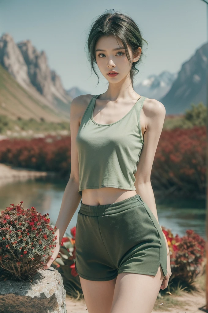 (((best quality))),(((ultra detailed))),(((masterpiece))),illustration,((1 beautiful girl,tomboy,solo)),(short black hair:1.3),((slim,thin)),((small breasts,thin)), vigorous, confident, (light green tank top:1.3), (dark green sports shorts:1.2),(slender legs:1.2),(standing:1.3),simplicity, robustness, strong features, (Abandoned Gobi Scene:1.3),(Rock surface:1.2),glowing eyes, rebellious, sensible, (mountainous landscape:1.3), (beside a vibrant red flower:1.3),elegance, unyielding spirit, youthful beauty, strength, resilience, adversity, challenges,((from front,upper body))

