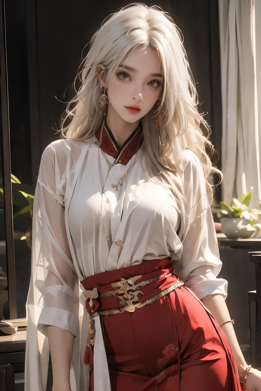 ((best quality)), ((masterpiece)), (detailed), Photorealistic, high resolution, mature woman, Hips up, Beautiful eyes, , Red eyes, jewelry, Hanfu, Chinese fairy, Taoist uniform, เสื้อผ้าขนาดใหญ่, Curtain Bangs, white hair, หน้าอกใหญ่, HDR (high dynamic range), After processing, Anisotropic filtration,depth of field, Maximum clarity and clarity, multi-layered surface, perfect proportions, 8K raw files, กระโปรงสั้น, natural lighting, soft lighting, sunlight,
