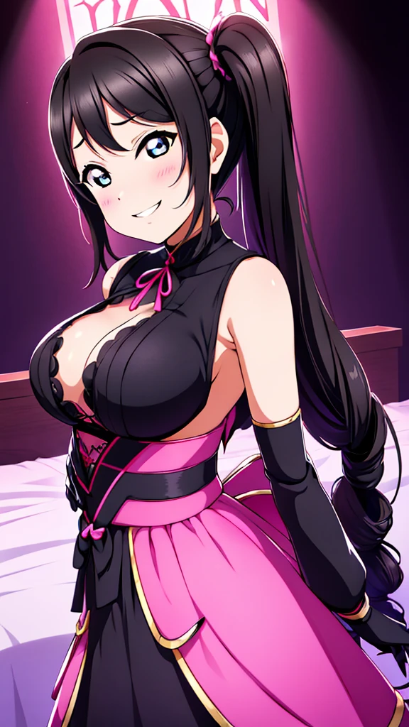 night、lovelive Kurosawa Diamond、Black Background、Evil background、Hotel Bedroom、Sensual pink light、A shiny black rubber suit that wraps around the body、tall、Upper Body、adult、Black long gloves、Big Breasts、Black hair twin tail drill Volumie、Upper Body、Evil female warrior、Fantasy、Condescending smile、Fallen into evil、Fall into Darkness
