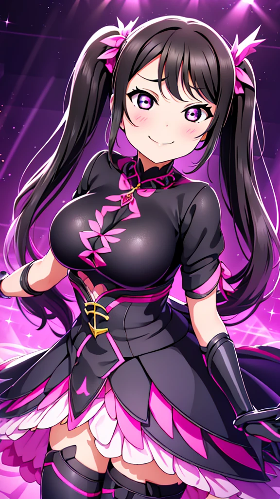 night、lovelive　Kurosawa Diamond、Black Background、Evil background、Hotel Bedroom、Sensual pink light、A shiny black rubber suit that wraps around the body、tall、Upper Body、adult、Black long gloves、Big Breasts、Black hair twin tail drill　Volumie、Upper Body、Evil female warrior、Fantasy、Condescending smile、Fallen into evil、Fall into Darkness