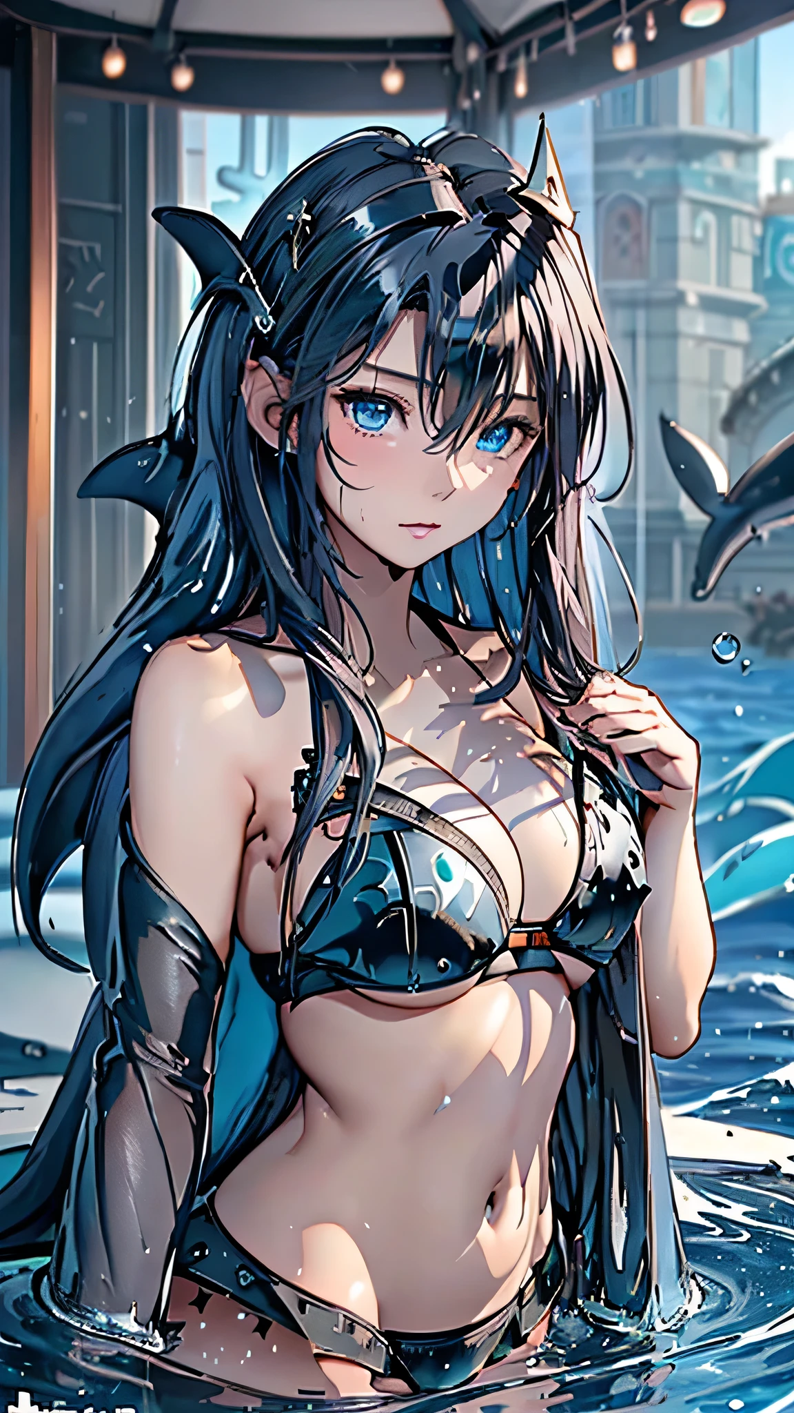 最high quality、Best image quality、masterpiece、With a girl((cute、、Best Bust、Medium Bust、Beautiful Blue Eyes、Spread your chest wide,Black Hair、Disheveled Hair、thin、Highest Valley、Black Bikini(1:2)、My whole body is wet、swim、Sea Floating、Have a cider)）high quality、Beautiful art、background((Sea、deep sea、shark、Space Sky、Whales、Dolphin)),Tabletop、Exquisite design、Visual Arts、Written boundary depth、Best lighting、Highest detail、8ｋ