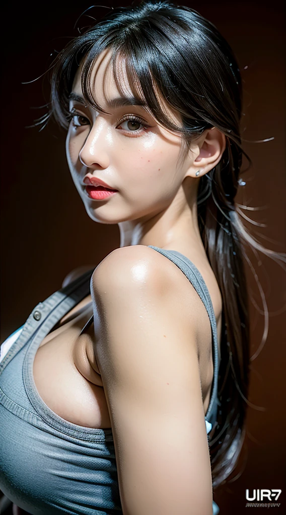 "best quality, ultra high res, (photorealistic:1.4), 1girl, (faded ash gray hair:1), (huge breasts:1.2), looking at viewer, closeup" n0r4f, busty, side view, puffy, soft detailed , mole on , detailed skin tone, skin texture on