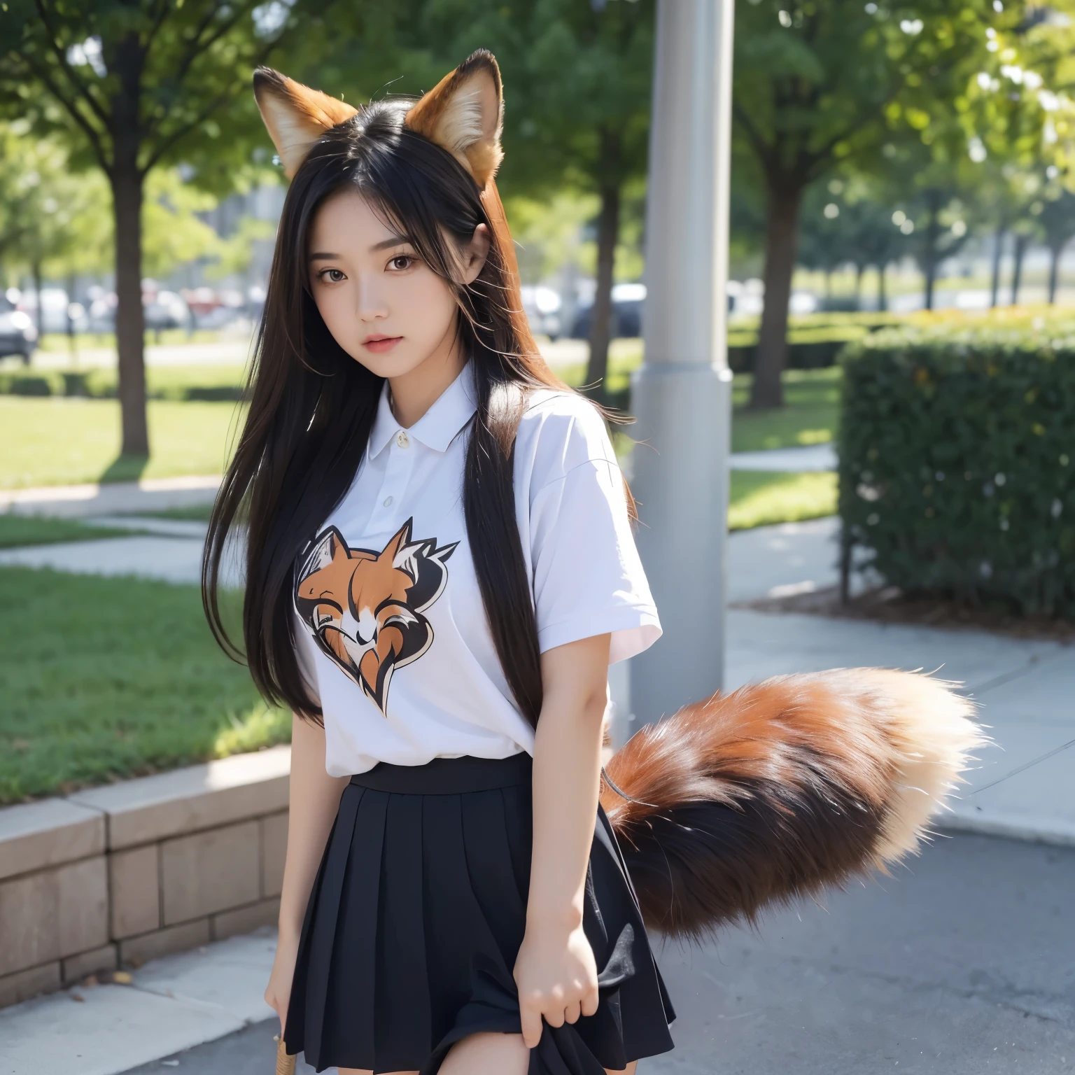 ((Highest quality)), ((masterpiece)), (Get used to it), Perfect Face, Fox Girl, Beautiful woman, public, Female college student, uniform, She has a fox tail inside her skirt, She hides her fox tail in her skirt, Her skirt is flipped up, exposing her fox tail, She has a bushy fox tail, Troubled face