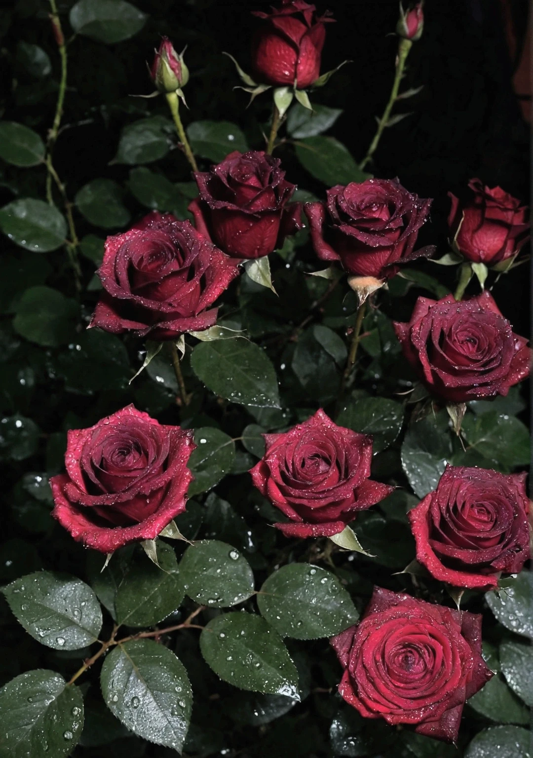 Black roses in a lot of rain,There are moons,Overhead shot,Real and natural,best quality, high resolution,masterpiece,High Detail,16K