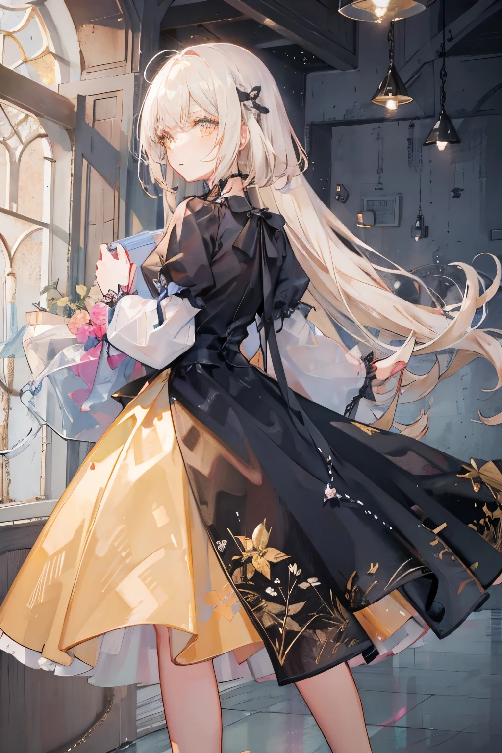 1 young woman,Golden Eyes, Platinum blonde hair,Hair Bunch,Long skirt