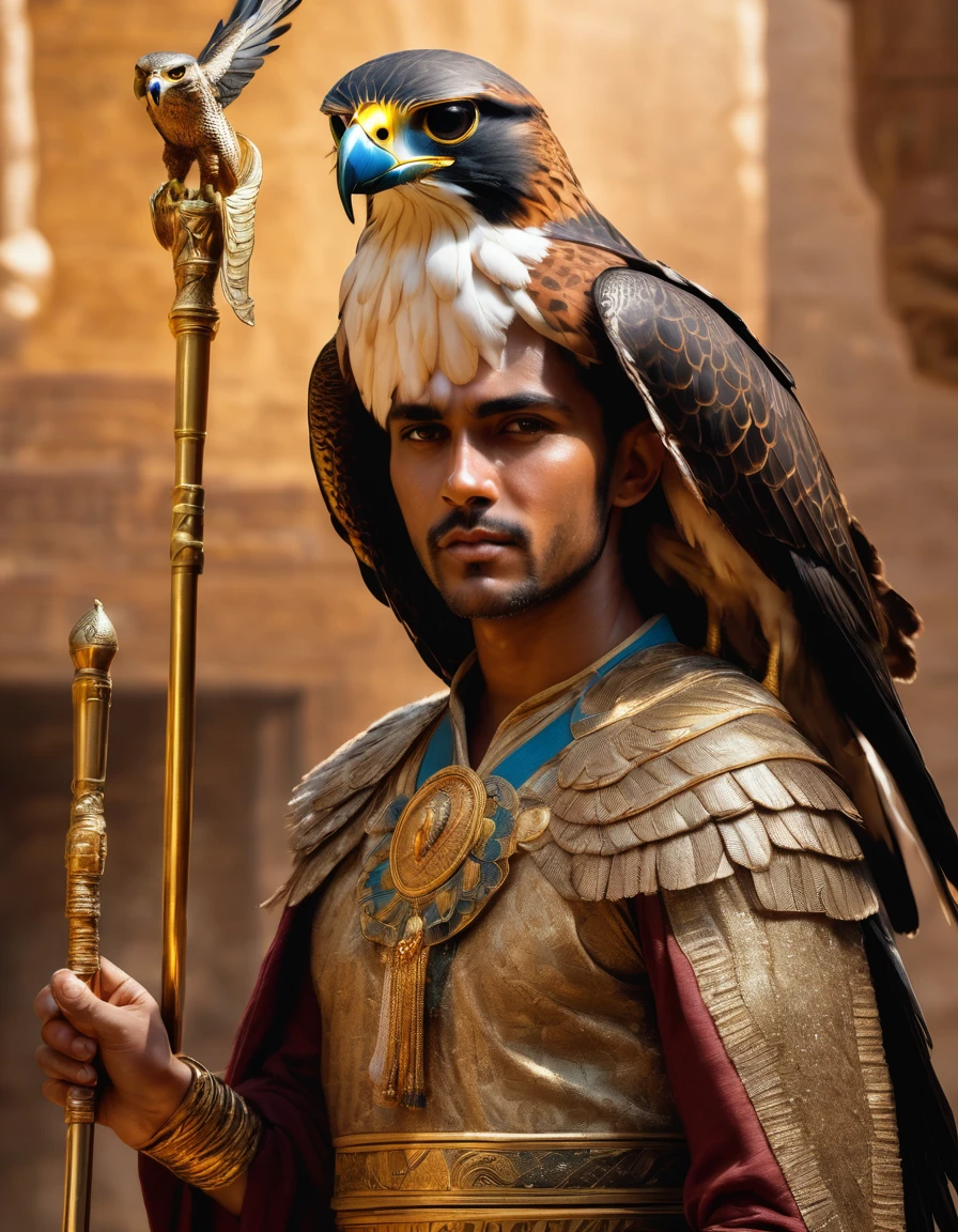 a falcon humanoid, detailed and realistic, intense gaze, feathered skin, feathered wings, falcon head, falcon feet, egygptian cloth, holding a golden staff, majestic pose, dramatic lighting, realistic rendering, cinematic composition, muted color palette, masterpiece, ultra-detailed, photorealistic, full body portrait.