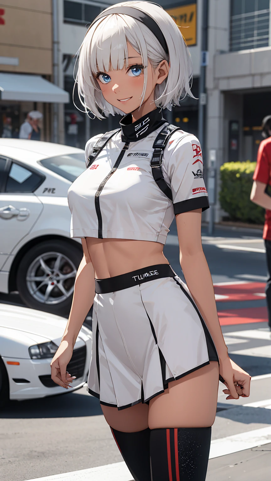 ((White sign)), closeup shot, 1 Girl、Beautiful silver hair、((((Very short hair))))、Blue eyes、(hair band)、((Blunt bangs)), small breasts、22 years old, (tsurime), Tight waist、smile、Wink, Natural lighting、Very cute face, Cute pose、Monte Carlo Street Circuit, Racing Car, Racing Bike, Promotion Girl, Grid Girls, The promotional costumes are exquisitely tailored., paying meticulous attention to detail, Lace-up boots, Short sleeve, White cropped tops, Knee-length, Exposing shoulders, Knee-lengthグリッターナイロンプリーツスカート, Asymmetrical medium size nylon pleated skirt, Promotional wear with logo, Red and white glitter promotional wear、Shallow depth of field