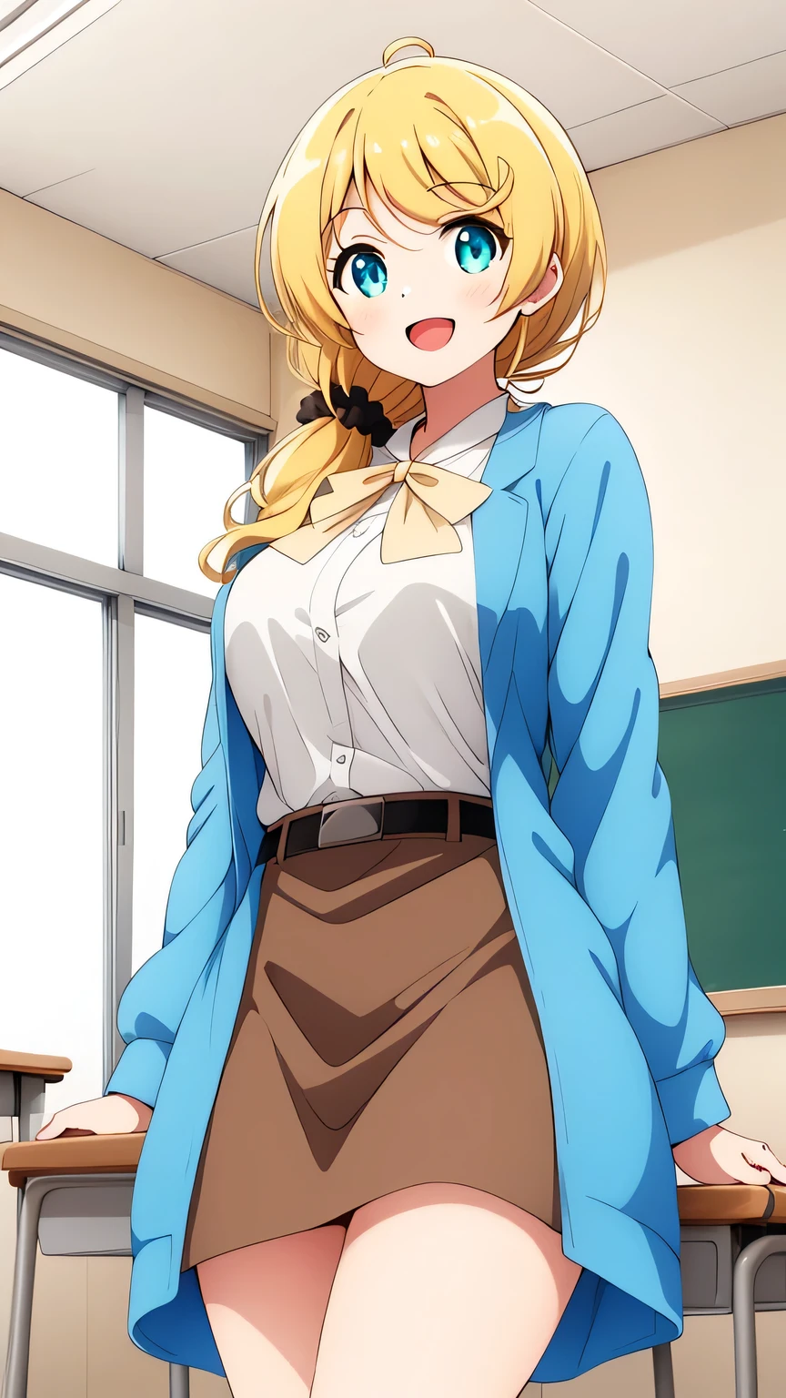 One girl, Cowboy Shot, classroom, smile, (teacher:1.4), Open your mouth, 
Ellen_Baker, Green Eyes, Blonde, Long Hair, Hair Scrunchie, Jacket, White shirt, Micro Mini Skirt Top Quality, masterpiece, High resolution, I can see her white panties、Lift your legs up、White underwear、