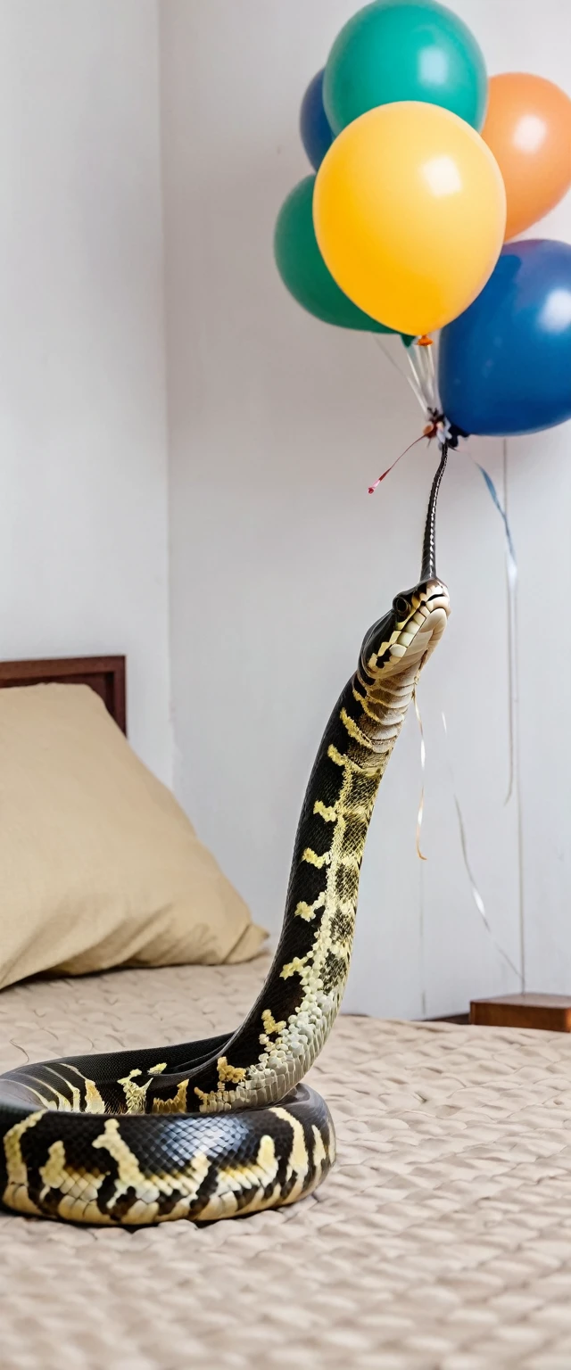 A venomous snake is biting a balloon on a bed,indoor,