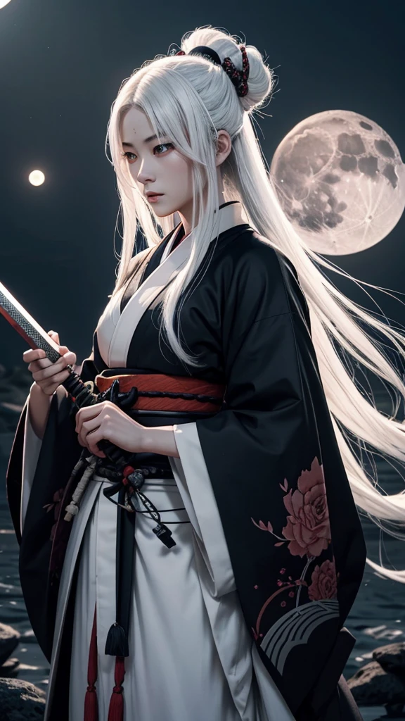 samurai Men of strange age Long white hair Dark atmosphere return blood Look down a little The sword is very long Her hair is fluttering I can see the moon high quality Old black kimono Very beautiful down to the last detail