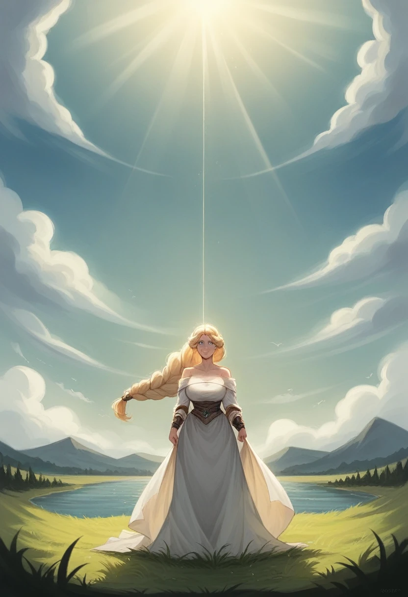 4K quality, ultra-high definition realism, Viking Queen series, wearing a plain beige long dress made of soft fabric that clings tightly to the skin, slim with large breasts, blue eyes and long eyelashes, blonde braided and tied up, a beautiful mature woman, standing on the grass by the lake, the wind is blowing from the lake, her hair and dress fluttering in the wind, lightly cloudy sky, black clouds in the distance, she is looking at the camera with a prayerful expression, the lakeside with the rocky surface of the fjord visible in the background, a few slit-like rays of sunlight shining on her, a photo with the atmosphere of a religious painting, the camera focuses on her beautiful whole body.