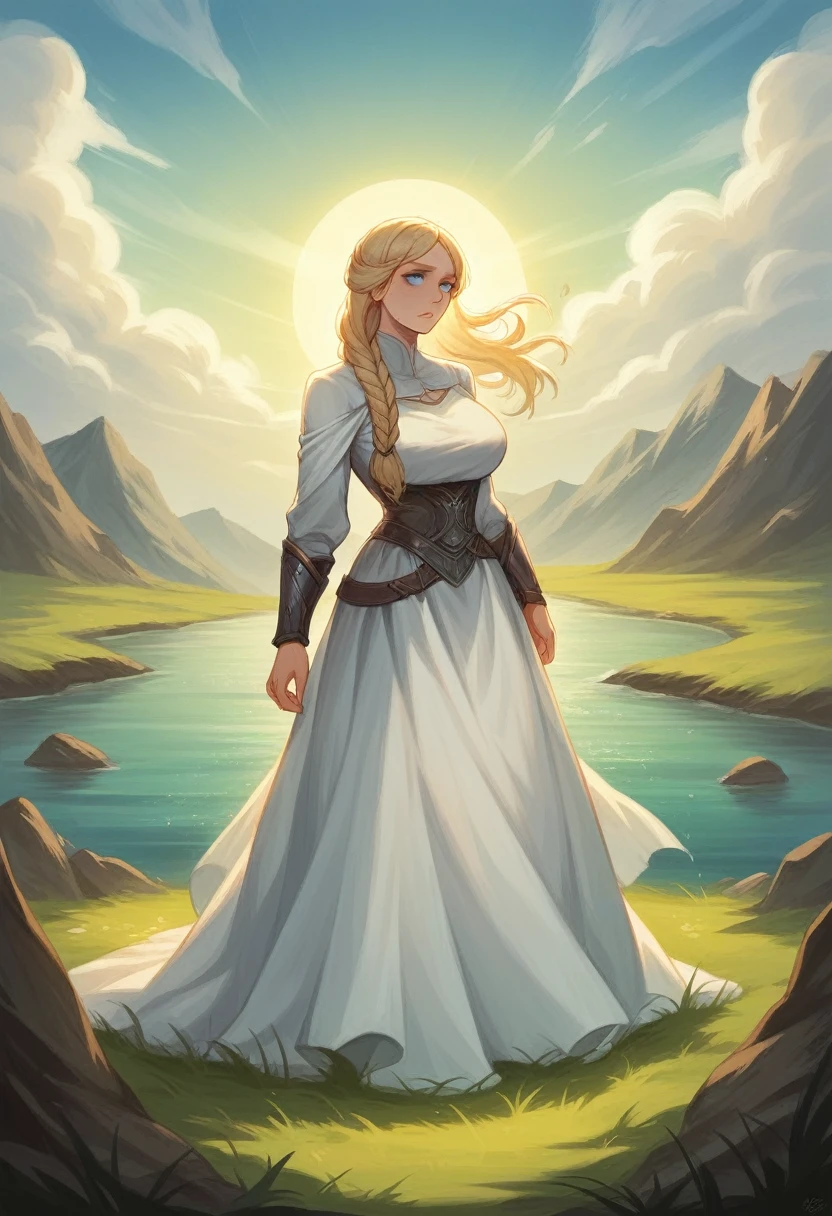 4K quality, ultra-high definition realism, Viking Queen series, wearing a plain beige long dress made of soft fabric that clings tightly to the skin, slim with large breasts, blue eyes and long eyelashes, blonde braided and tied up, a beautiful mature woman, standing on the grass by the lake, the wind is blowing from the lake, her hair and dress fluttering in the wind, lightly cloudy sky, black clouds in the distance, she is looking at the camera with a prayerful expression, the lakeside with the rocky surface of the fjord visible in the background, a few slit-like rays of sunlight shining on her, a photo with the atmosphere of a religious painting, the camera focuses on her beautiful whole body.