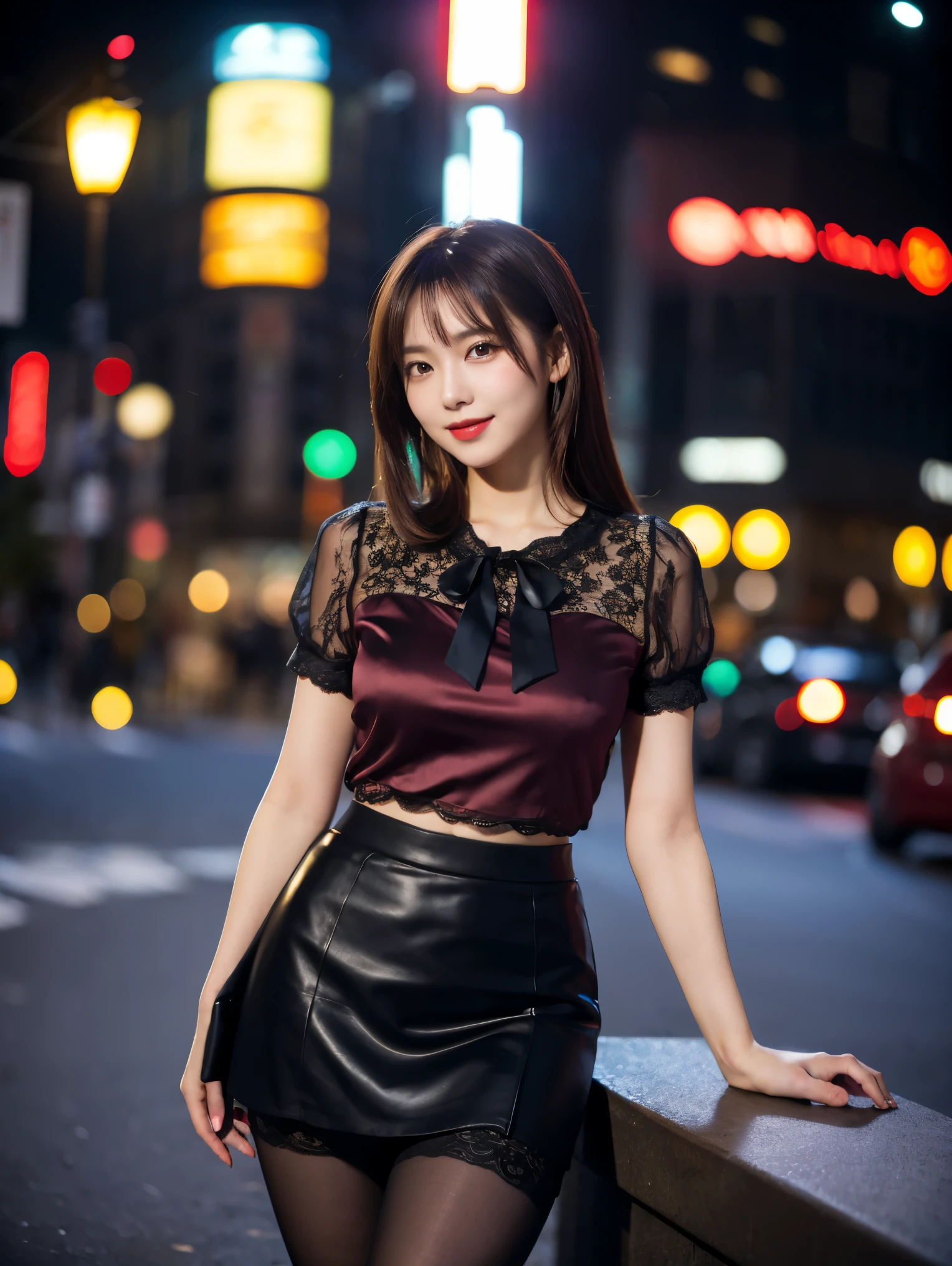 Highest quality, masterpiece, 8k, Ultra-high resolution, (Realistic: 1.4),  1 girl, Beautiful Face, Symmetrical eyes, Japanese, smile, Brown Hair, Perfect Body Proportions,  whole body, smile , Large Breasts, High heels, Putting on makeup , pantyhose, (Tight lace blouse), ((Red lace blouse)), ((silk black color skirt)), ((Tight-fitting skirt )), (Lace-up short sleeves) , (City Night, Dark Night, (Blurred Background), Dim lighting, Cityscape,  In the Dark, Deep Shadow, Model pose , (Legs are indicated: 1.3)