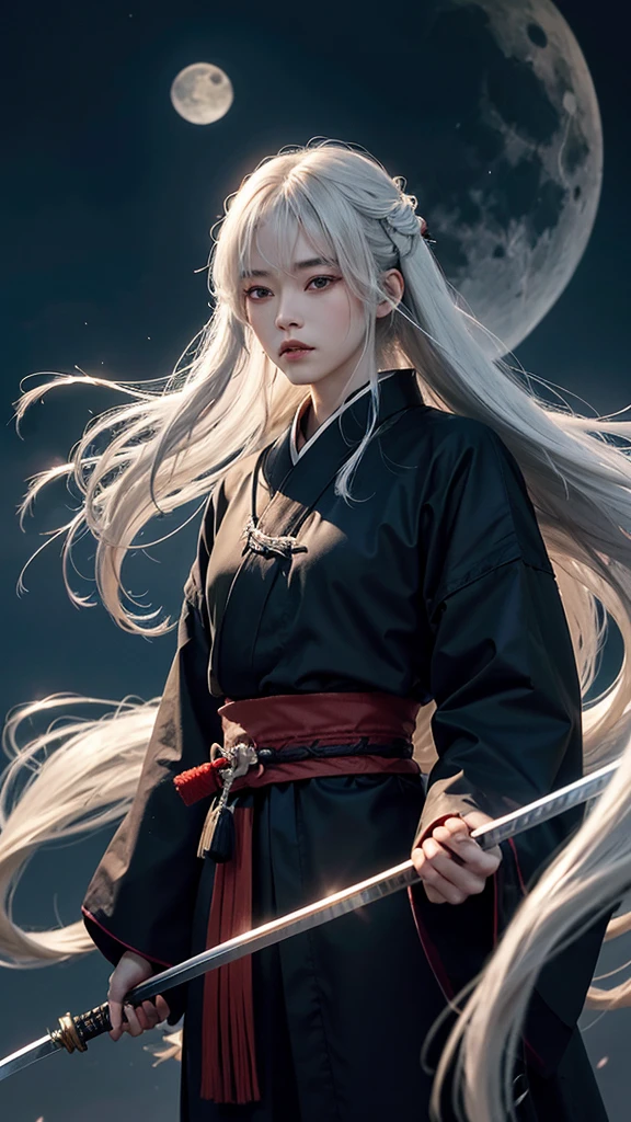 samurai Men of strange age Long white hair Dark atmosphere return blood Look down a little The sword is very long Her hair is fluttering I can see the moon high quality Old black kimono Very beautiful down to the last detail