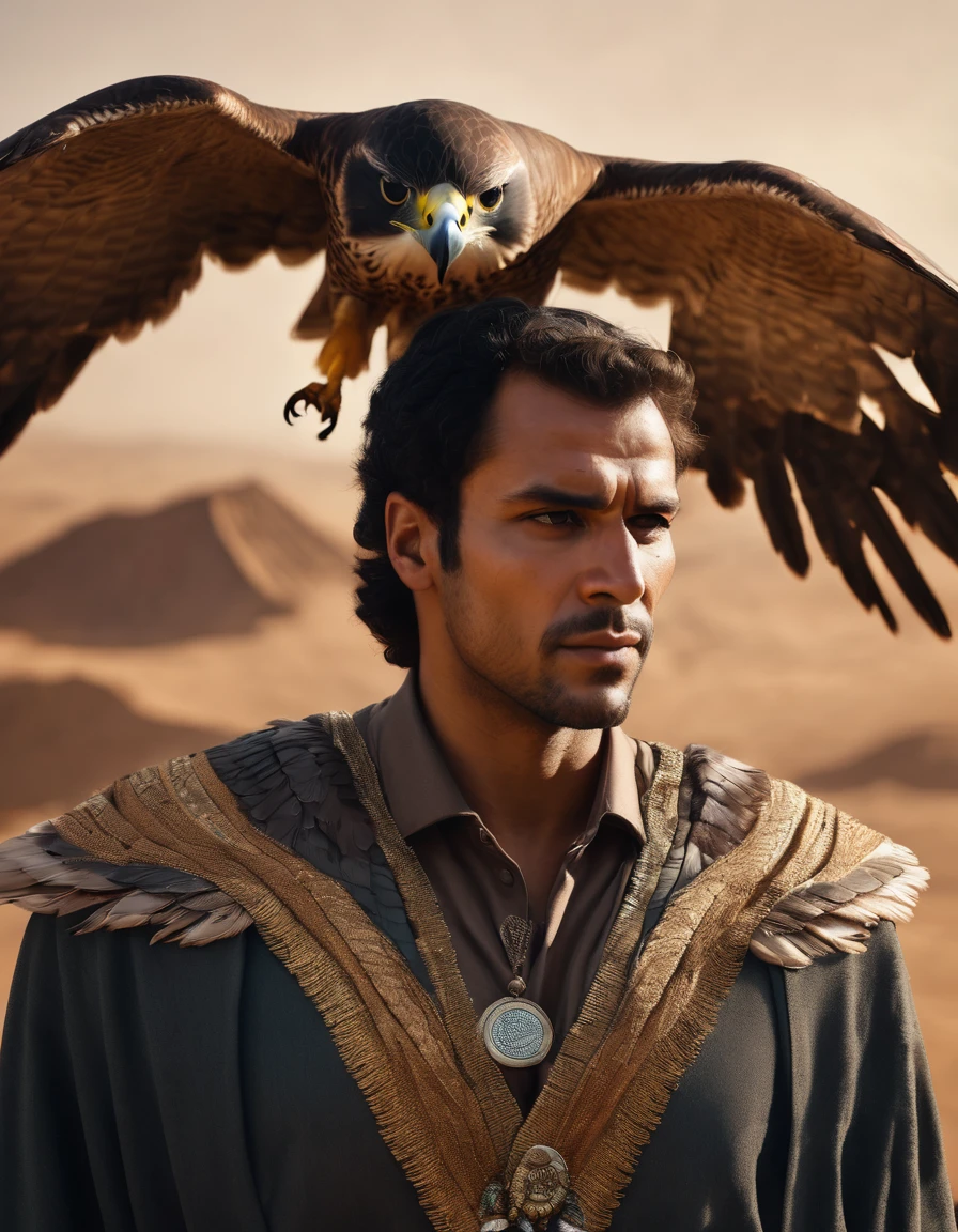 a falcon humanoid, detailed and realistic, intense gaze, feathered skin, feathered wings, falcon head, falcon feet, egygptian cloth, majestic pose, dramatic lighting, realistic rendering, cinematic composition, muted color palette, masterpiece, ultra-detailed, photorealistic, full body portrait.