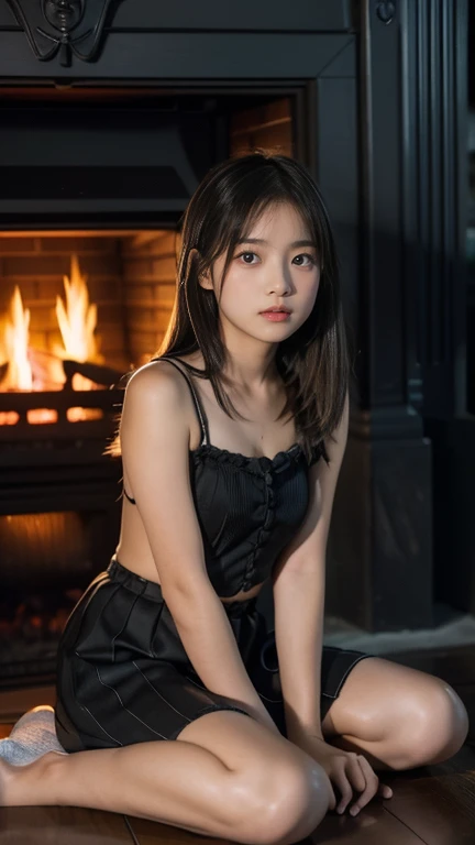 (((10 year old girl))), (((in dark cabin at night))), (((warming herself by fireplace))), Japanese, cute, dark, bobbed hair, (((staring blankly at fireplace))), (((not looking at viewer))), straight face, no smile, uneasy profile, trainers and very short mini-skirt, sitting in front of fireplace, fireplace fire illuminating girl's face, horror movie scene, high resolution, high detail, fine detail, masterpiece, top quality, award, best resolution, scene of a horror movie, high resolution, high detail, best resolution, scene of a horror movie girl is sitting in front of a fireplace, fireplace fire illuminates girl's face, horror movie scene, high resolution, high detail, detail, masterpiece, top quality, award, highest resolution, realistic, raw photo, 8K wallpaper