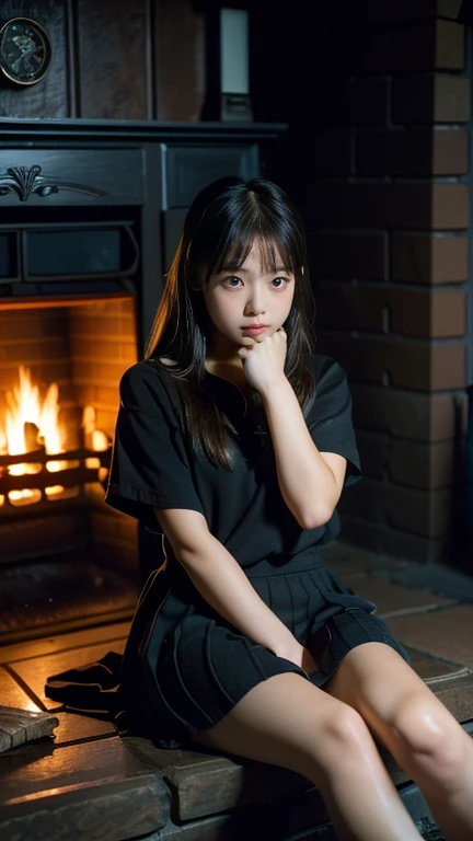 ((( girl))), (((in dark cabin at night))), (((warming herself by fireplace))), Japanese, cute, dark, bobbed hair, (((staring blankly at fireplace))), (((not looking at viewer))), straight face, no smile, uneasy profile, trainers and very short mini-skirt, sitting in front of fireplace, fireplace fire illuminating girl's face, horror movie scene, high resolution, high detail, fine detail, masterpiece, top quality, award, best resolution, scene of a horror movie, high resolution, high detail, best resolution, scene of a horror movie girl is sitting in front of a fireplace, fireplace fire illuminates girl's face, horror movie scene, high resolution, high detail, detail, masterpiece, top quality, award, highest resolution, realistic, raw photo, 8K wallpaper