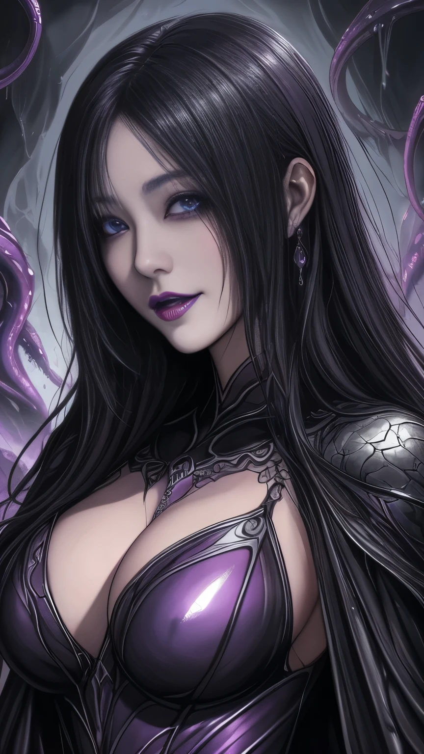 Esoteric arachnids lady, Spider Queen Elise, League of Legends, Esoteric arachnids, Combat Stance, ( body formed from metallic mauveine and metallic black liquid metallic paint twisting into a beautiful interpretation of the female figure), length, Sharp Fangs, nature, ((Complex metallic colors in the foreground)), (( Fluid Mechanics, The most beautiful smooth scale face makeup, Smirking expression)) - Dark blood, Onyxia、Noir painting of a beautiful young witch, length purple hair, dark purple lips, evil, evil female, smile, Black Prom Dress, She is coming to you, close, Bright Blue Eyes, Surrounded by swirling pink smoke, Genuine, Attention to detail, Highest quality、A beastly demon wields a vicious blade, Blood Chain, Behemoth Bones, Snake-like tentacles, Cruel Teeth, Expressions of madness, Oppressive Dungeon. 8K Vision Reveals Fear, Ultra HD detail makes monsters stand out, Grotesque shadows dance, The creature whispers, Stifling atmosphere, Vision problems, Visible Madness. blade, A flash of evil intent shines, reflect (Light) Beyond the Darkness, Elucidate (Sharp details) and、Add a dizzying dimension to the impending chaos.