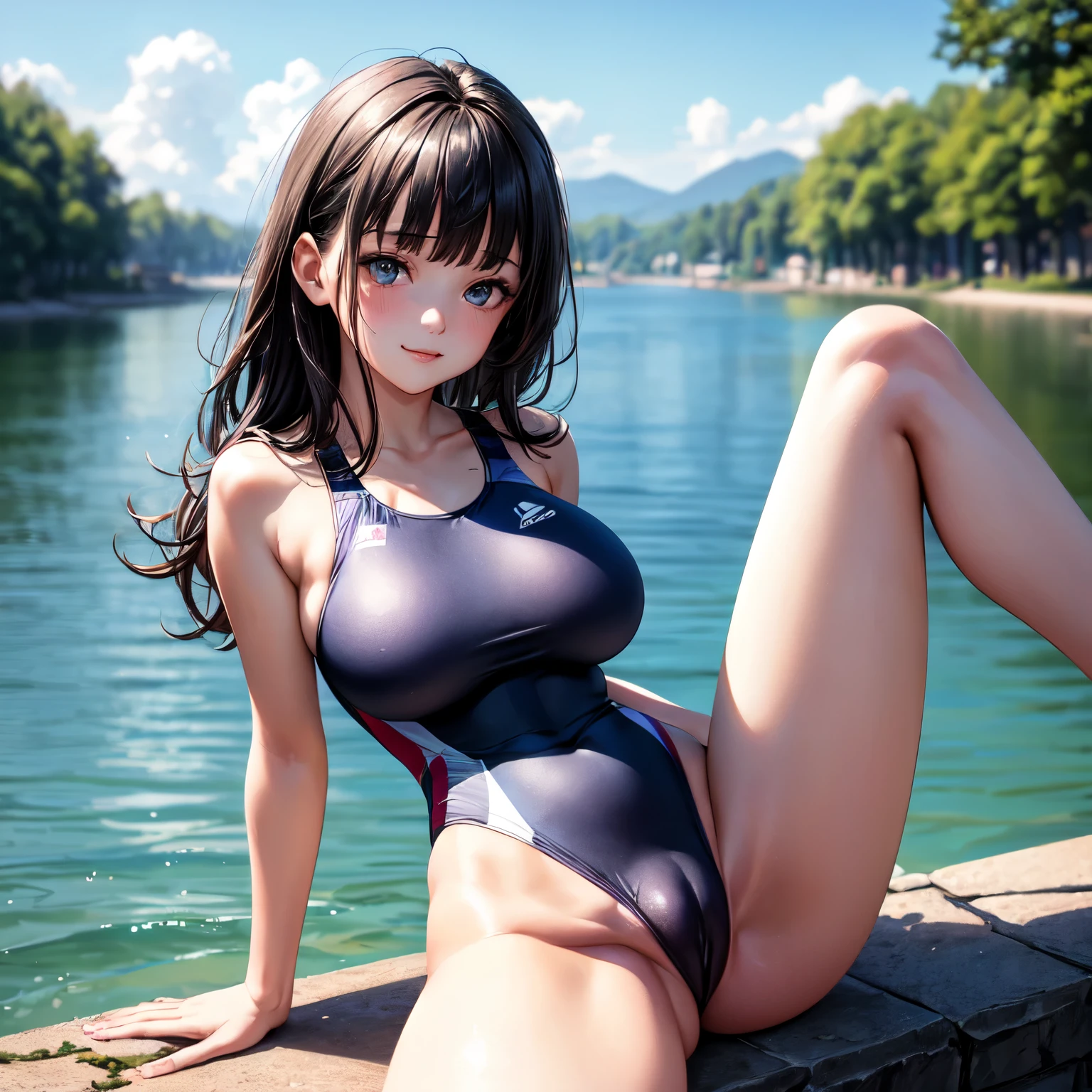 (((4K,masterpiece,best quality,ultra detailed,high resolution))),(daytime,clear weather,front light),((solo)),(beautiful woman,teenage),((black hair,blunt bangs,long hair)),(detailed face,detailed eyes),(finely detailed skin,fair skin),light smile,(one-piece competition swimsuit),(on the beautiful lake side,beautiful sky),(big breast,medium hip),sitting ,(legs up,spread legs,arms behind back),(an egg is in vagina,cameltoe),