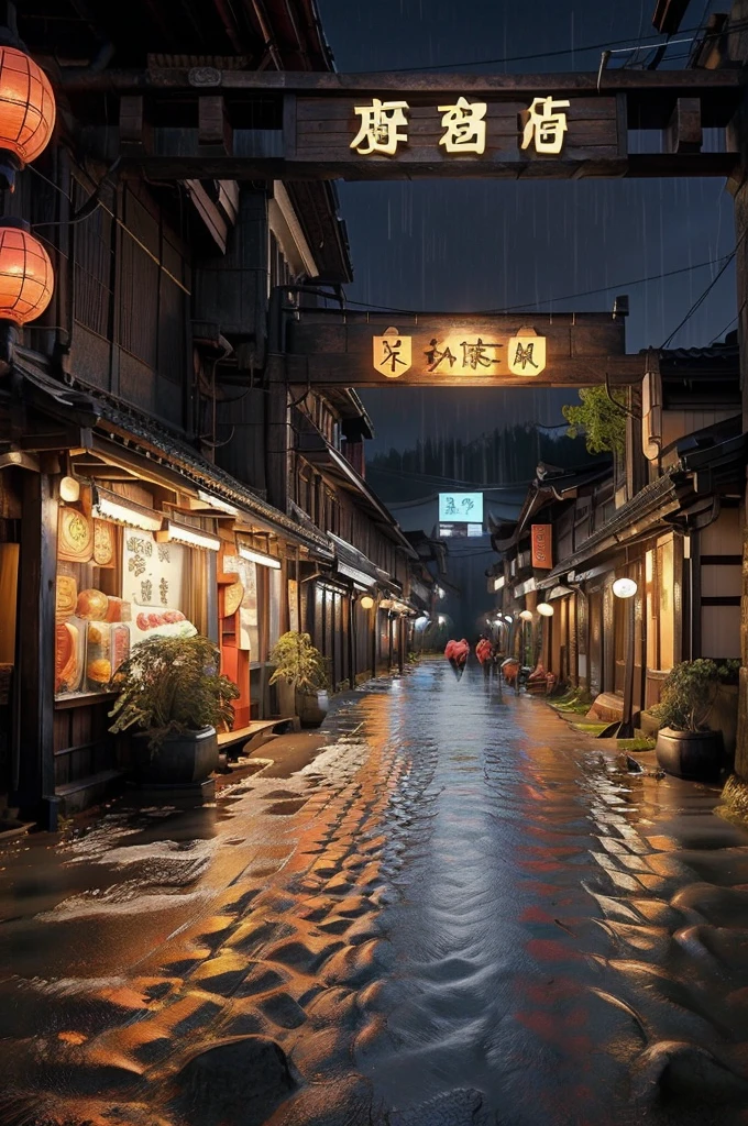 Scenery of Araf village，There are a lot of lights in the building, Dreamy Chinatown, china village, Awesome Wallpapers, Japanese Town, Japanese Village, 街のシュールなphotograph, Old Asian Village, Japanese cities, By Raymond Han, Rainy night, Cyberpunk Chinese Ancient Castle, brightly lit building, Rainy night, beautifully、aesthetic, photograph, movie, 8k, Attention to detail ((heavy rain)))