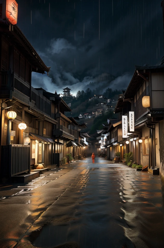 Scenery of Araf village，There are a lot of lights in the building, Dreamy Chinatown, china village, Awesome Wallpapers, Japanese Town, Japanese Village, 街のシュールなphotograph, Old Asian Village, Japanese cities, By Raymond Han, Rainy night, Cyberpunk Chinese Ancient Castle, brightly lit building, Rainy night, beautifully、aesthetic, photograph, movie, 8k, Attention to detail ((heavy rain)))