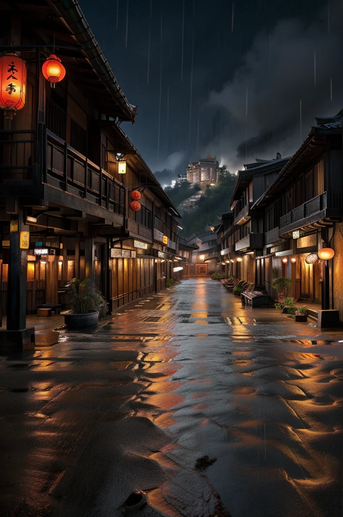 Scenery of Araf village，There are a lot of lights in the building, Dreamy Chinatown, china village, Awesome Wallpapers, Japanese Town, Japanese Village, 街のシュールなphotograph, Old Asian Village, Japanese cities, By Raymond Han, Rainy night, Cyberpunk Chinese Ancient Castle, brightly lit building, Rainy night, beautifully、aesthetic, photograph, movie, 8k, Attention to detail ((heavy rain)))