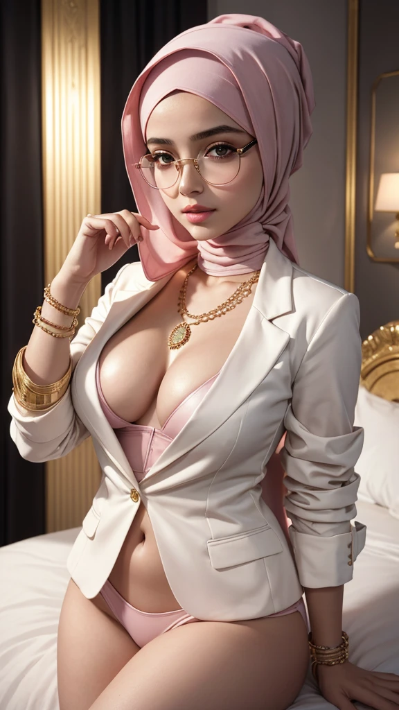 a beautiful hijabi glasses girl, , white skin, detailed face, expressive eyes, luscious pink lips, shy expression, slender and voluptuous figure, wearing a sexy white blazer, golden bangles, bracelets, necklaces, swiss golden watch, slipped down onto bed, in a cozy dressing room with a bed, night, dramatic studio lighting, cinematic, color graded, award winning portrait, elegant, feminine, intricate details, luxurious, high fashion, glamorous, alluring, hyper detailed, ultra-realistic, 8k, photorealistic