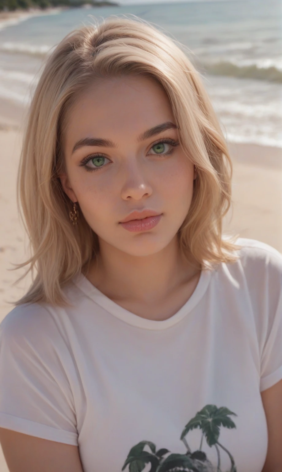 score_9, score_8_up, score_7_up, score_6_up, score_5_up, score_4_up, realistic style, photo, photorealistic, high detail, Portrait of a curvy blonde, bob hairstyle, light hair, round face, green eyes, very full lips, delicate makeup, pink lips, looking at viewer, wearing a white T-shirt, white thongs, on the beach, sunny day, tag1, tag2