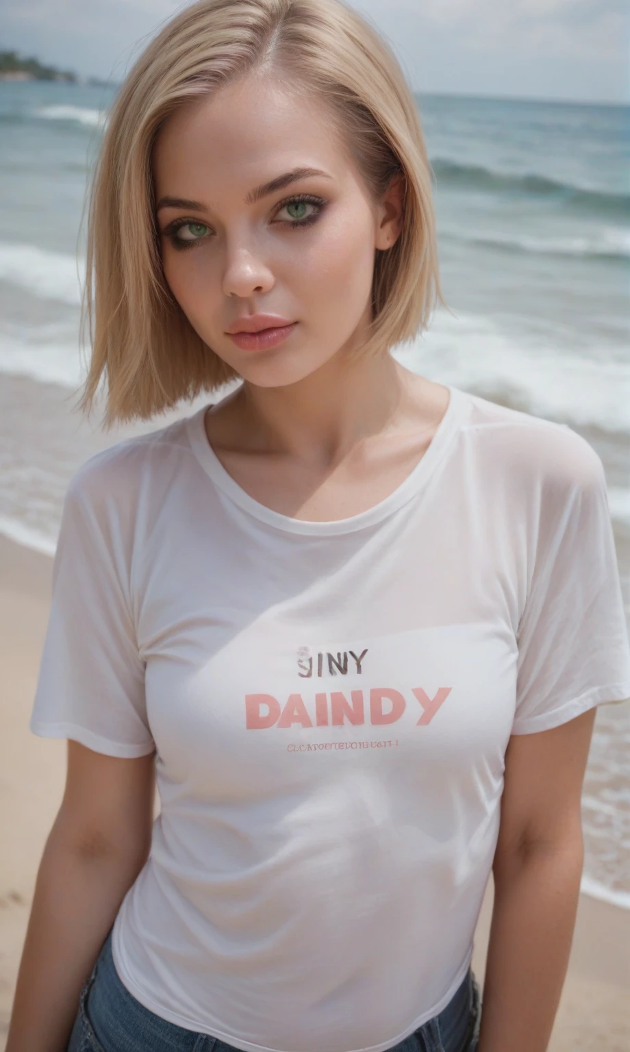 score_9, score_8_up, score_7_up, score_6_up, score_5_up, score_4_up, realistic style, photo, photorealistic, high detail, Portrait of a curvy blonde, bob hairstyle, light hair, round face, green eyes, very full lips, delicate makeup, pink lips, looking at viewer, wearing a white T-shirt, white thongs, on the beach, sunny day, tag1, tag2