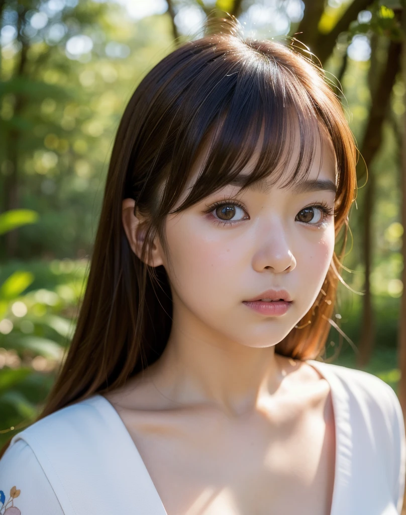 best quality, face focus, soft light, ultra high res, (photorealistic:1.4), RAW photo,(Shinozaki Ai),
1japanese girl, solo, cute, (pupil, lights in the eyes),  detailed beautiful face, (small chest),(high resolution detail of human skin texture),(long hair),(portrait),white traditional kimono, in the forest,