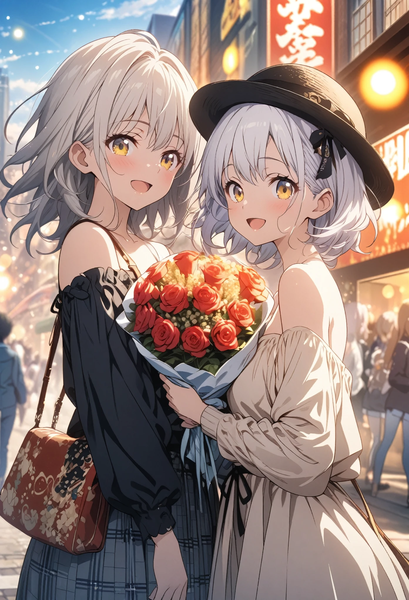 Two Girls, Posing holding a colorful bouquet, masterpiece, Highest quality, Highly detailed CG Unity 8K wallpapers, High School Girl Anime Illustration, wearing off-the-shoulder clothes, She is wearing a red and black checked skirt.., She closes her eyes and opens her mouth wide, smile. white hair color, Yellow Eyes, Bokeh, Street Style Fashion, Wear a hat, Shoulder bag included, Lens flare, The Rising Sun, Blue sky, The background is the cityscape, Bokeh, (Soft Focus): 1.2, Out of focus highlights, Dreamy atmosphere, Fascinating Depth