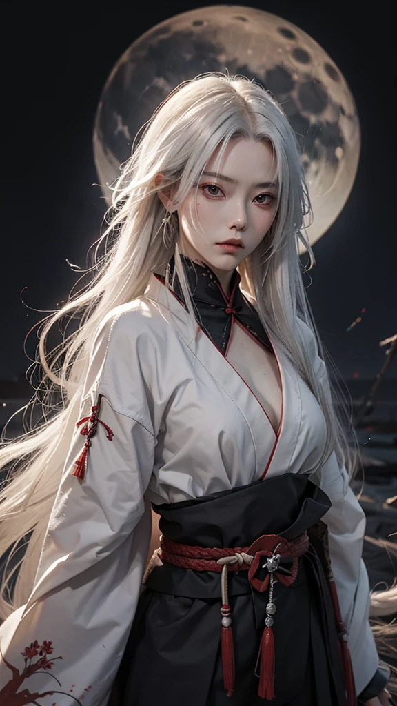 samurai　Men of strange age　Long white hair　Dark atmosphere　return blood　Look down a little　The sword is very long　Her hair is fluttering　I can see the moon　high quality　Old black kimono　Very beautiful down to the last detail