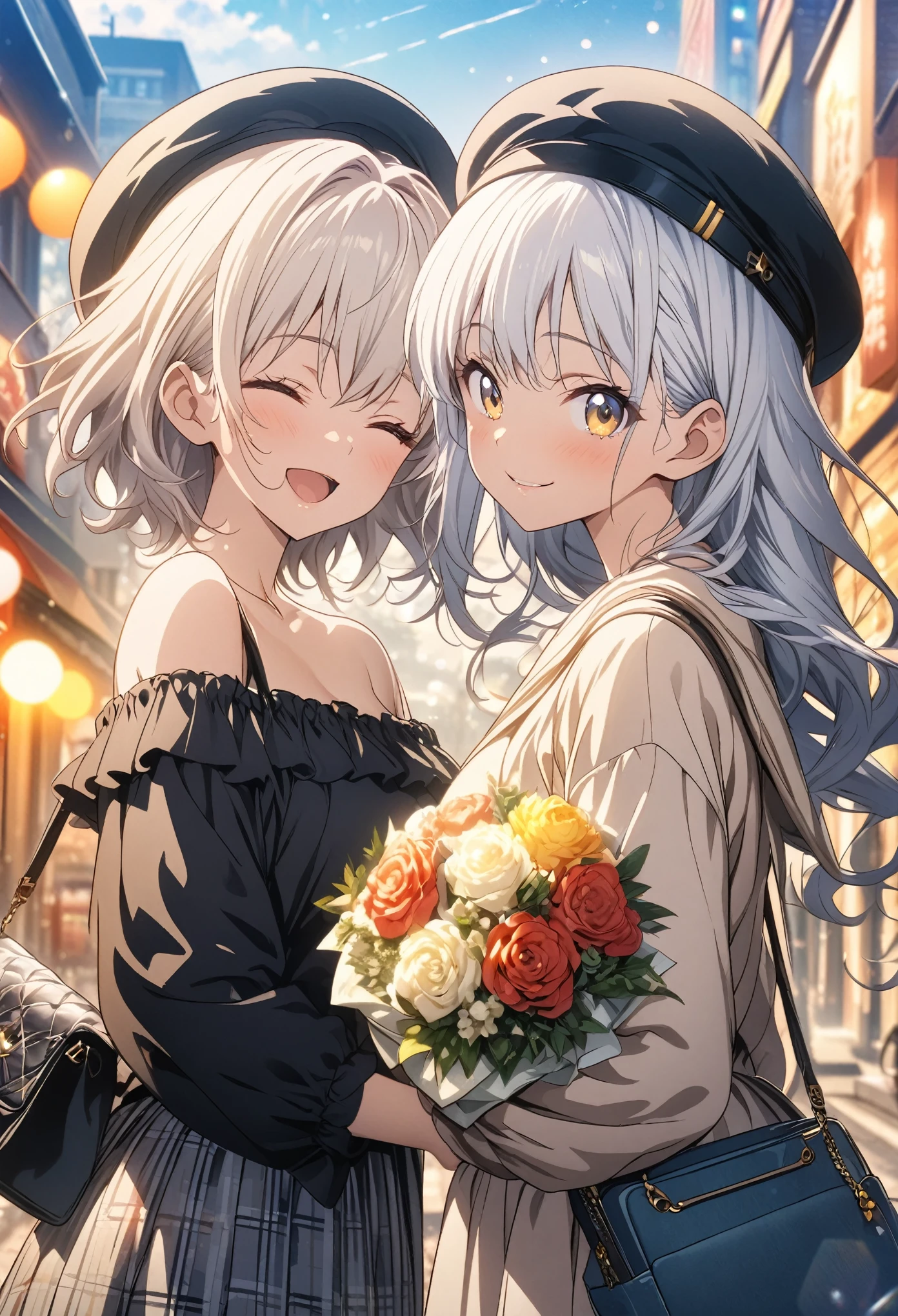 Two Girls, Posing holding a colorful bouquet, masterpiece, Highest quality, Highly detailed CG Unity 8K wallpapers, High School Girl Anime Illustration, wearing off-the-shoulder clothes, She is wearing a red and black checked skirt.., She closes her eyes and opens her mouth wide, smile. white hair color, Yellow Eyes, Bokeh, Street Style Fashion, Wear a hat, Shoulder bag included, Lens flare, The Rising Sun, Blue sky, The background is the cityscape, Bokeh, (Soft Focus): 1.2, Out of focus highlights, Dreamy atmosphere, Fascinating Depth