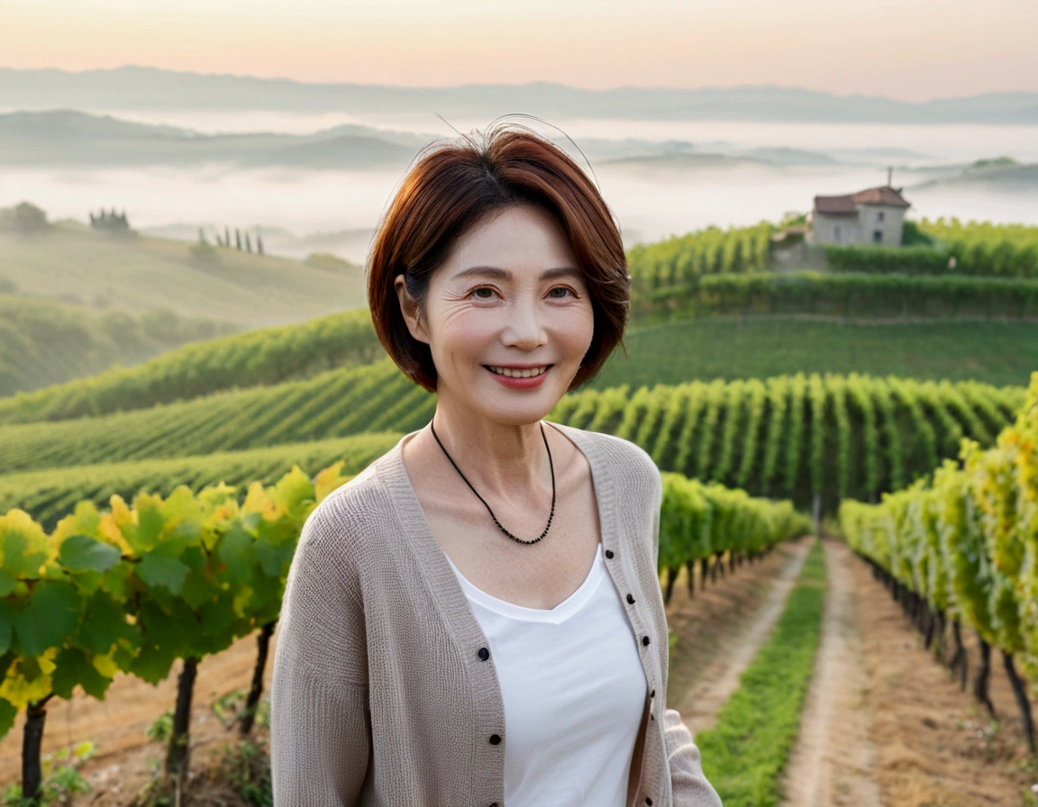 Italy foggy countryside dawn, Endless vineyards, A cathedral can be seen far away in the fog.. 50대 한국 여자 Wrinkles around the eyes, Wearing a short cardigan over a luxury brand white T-shirt, casual pants, Korean woman with beautiful short medium bob hair, Standing on a path on top of a vineyard hill, Beautiful Korean woman with bright and clear skin, The neck line is clean and beautiful.. Stunning Korean woman smiling, standing in the vineyard, small black string necklace, 1 woman, Wrinkles around the eyes, Woman in her 50s, Your eyes are big and pretty
