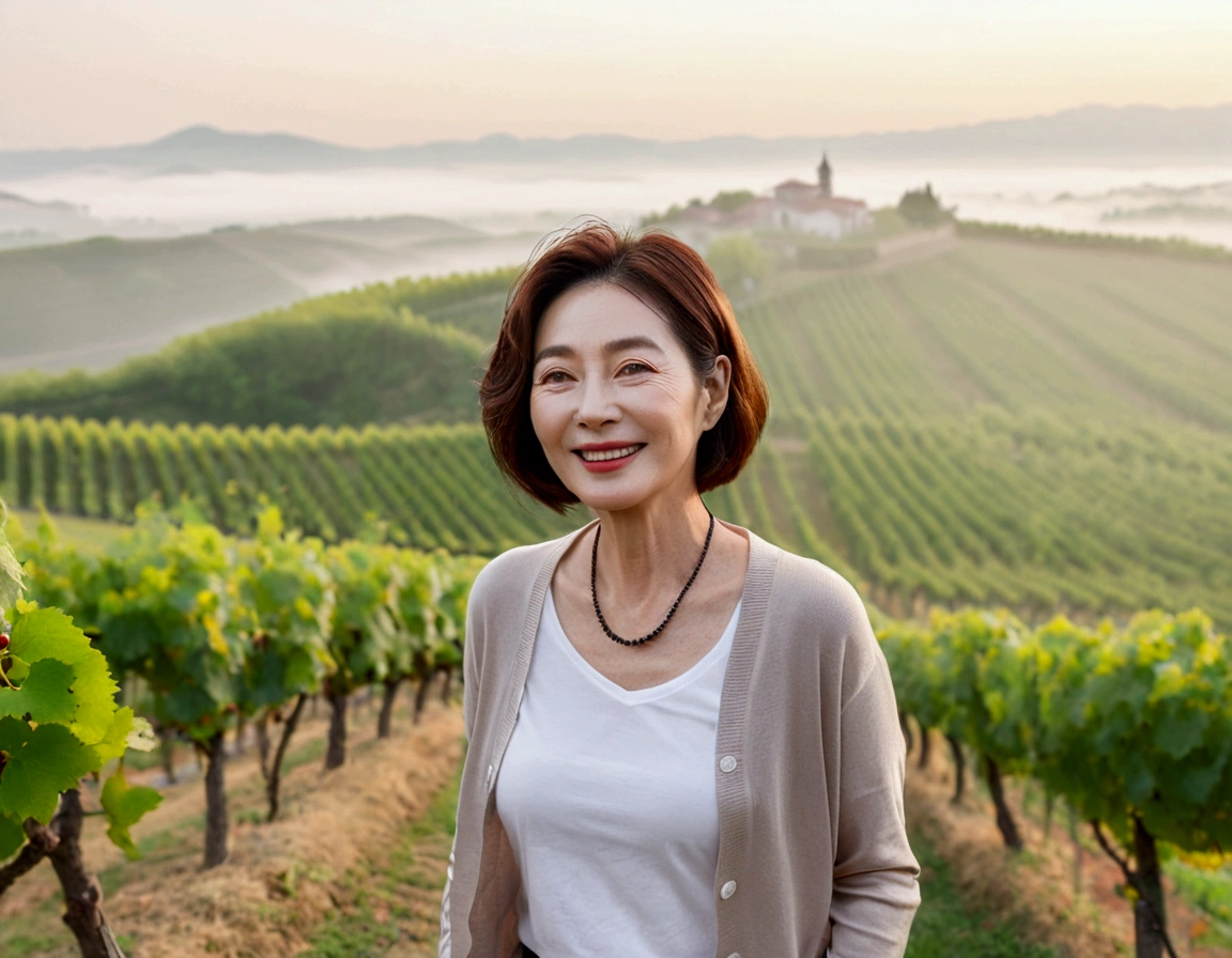 Italy foggy countryside dawn, Endless vineyards, A cathedral can be seen far away in the fog.. 50대 한국 여자 Wrinkles around the eyes, Wearing a short cardigan over a luxury brand white T-shirt, casual pants, Korean woman with beautiful short medium bob hair, Standing on a path on top of a vineyard hill, Beautiful Korean woman with bright and clear skin, The neck line is clean and beautiful.. Stunning Korean woman smiling, standing in the vineyard, small black string necklace, 1 woman, Wrinkles around the eyes, Woman in her 50s, Your eyes are big and pretty