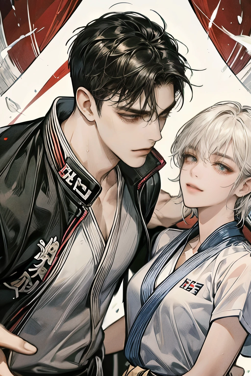 horizontal rectangle, twin man and woman fighting, fight one on one, black short hair, taekwondo sport wear, fighting serious, serious expression, evil smile, dojo, taekwondo, energy, wind blowing hair and cloths, colorful shade, Masterpiece, hi-quality.