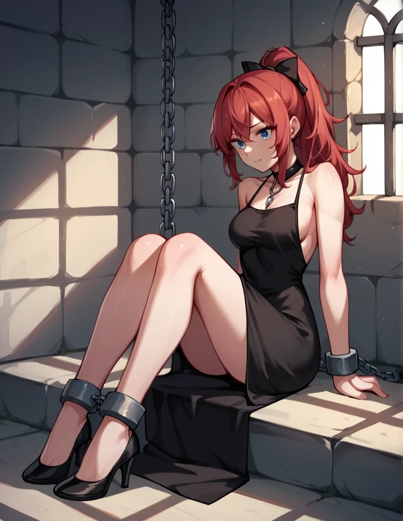 score_9, score_8_up, score_7_up, score_6_up, score_5_up, score_4_up, source_anime, 1girl,sit, red hair, ponytail, blue eyes, shackles, arms, w-w-chain, put on, loose hair, black dress, black high heels, dungeon, best quality, best res, 4K UHD,
 