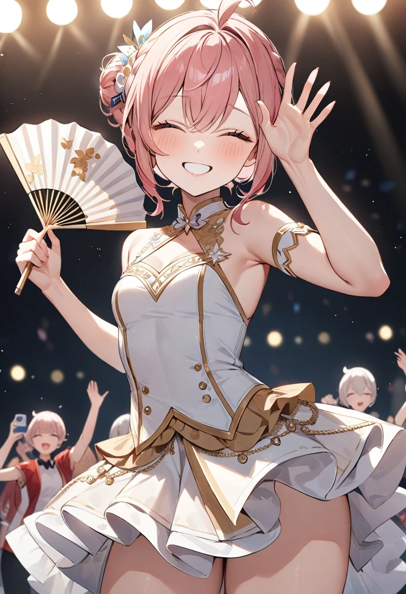 (masterpiece, top quality, very aesthetic, 4k、illustration), intricate detail, 1woman,、solo,contrapposto 、,(cowboy shot)、(),Cute、closed eyes、fan service、waving、happy smile、Random Hairstyle、Random Hair Color、,middle hair,sidelock ,Random Color eyes、idol clothes、small breasts、Slim 、