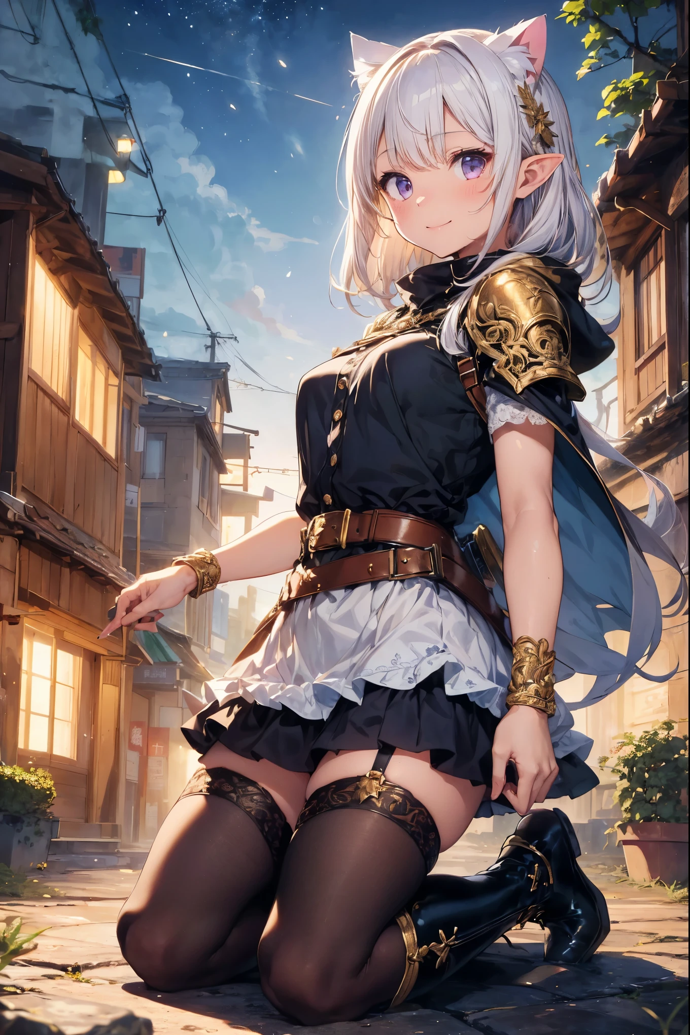 (((masterpiece))), (((Highest quality))), ((Very detailed)), ((Very detailedなイラスト)), ((Ultra-fine painting)), (16K Highest quality wallpaper:1.4), (Detailed and elaborate illustration style,:1.8) Detailed skin texture, High quality fabric, , (T-masterpiece), (Very detailedな顔:1.4), original, RAW Photos, Professional, Intricate details, Very detailed, Direct sunlight:1.6, ,(Cowboy Shot:1.9)、(Perfect Anatomy:1.4), (Extremely elaborate hands:1.2), (Very elaborate fingers:1.2), (Very elaborate fingers先:1.2),, (alone:1.6), (beautiful and adorable cat ears:1.6), (Intricate and delicate white cat ears:1.5), (beautiful, Shiny white hair:1.6), (Very fine and delicate white hair:1.4),, (Very detailedな顔:1.4),(Light purple eyes:1.6),(smile:1.4),(wariza:1.9),//Character
1girl,
BREAK
//Fashions
Enchanted Elven Knight
This costume combines the grace of an elf with the power of a knight, centered around a large, enchanted sword, The base is a sleek, forest green bodysuit with gold leaf embroidery along the seams, symbolizing her connection to nature, Over the bodysuit, a leather harness crisscrosses the torso, holding the scabbard for her large sword, The sword itself is massive, with a glowing blade inscribed with ancient elven runes, Her armor includes light, golden shoulder pauldrons and bracers, with intricate vine patterns, A flowing, semi-translucent cape with a hood, in shades of green and gold, billows behind her, adding ethereal touch, She wears knee-high, lace-up boots with gold accents,
BREAK
Accessories include a delicate, leaf-shaped tiara, and a belt with pouches for herbs and small vials, Her hair can be styled in loose waves with small braids woven with golden threads, Makeup focuses on a natural, glowing look with shimme