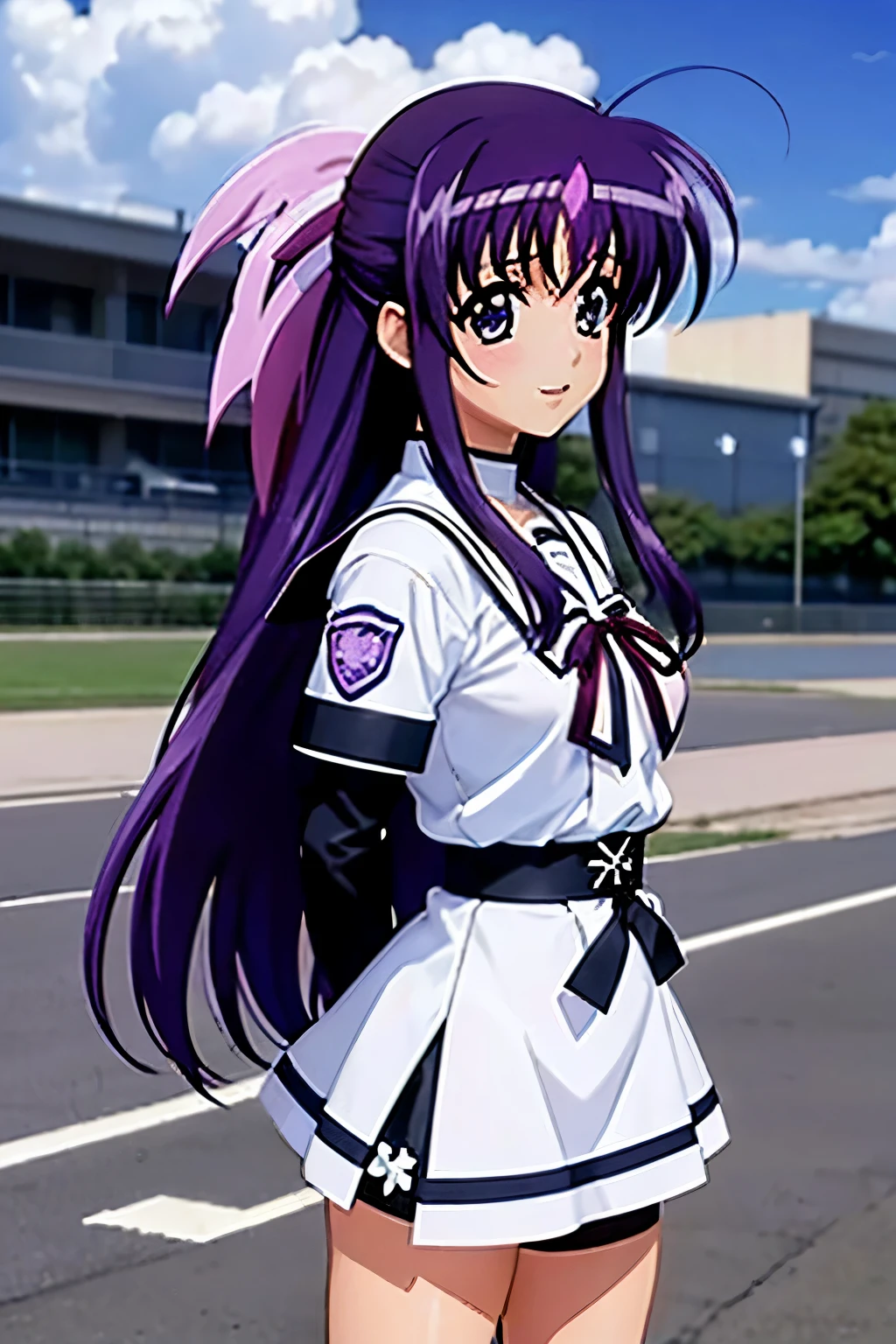 Suzuka Tsukimura、suzuka、"Magical Girl Lyrical Nanoha"、Purple Hair、long hair、hair band、Big Breasts、high school girl、Night Clan、Feeling embarrassed、blush、Nipple erection（（（ＳＦＷ、sound、Highest quality、first-clasasterpiece、Normal body、8k、Detailed face、Ultra-precision、Normal hand、Normal finger、５Finger、Highest）））、Cosplay、Costumes（（Hayate Yagami、Barrier jacket））