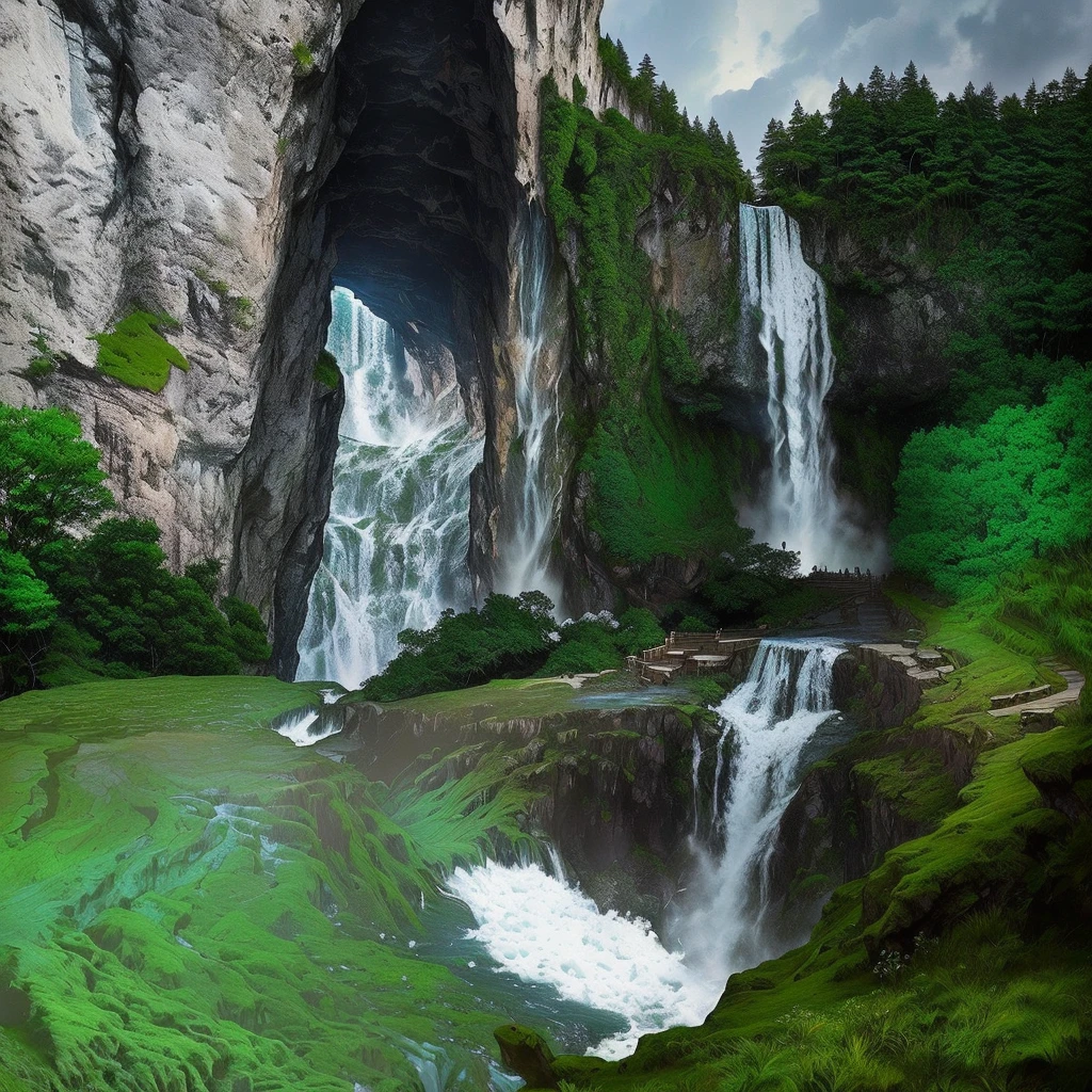 there is a waterfall that is flowing down a hill with a bridge, cave with waterfall, waterfall cave, stunning nature in background, majestic nature scenery, impressive fantasy landscape, forest and waterfall, with waterfalls and river, in a cave with the waterfall, waterfalls in the background, alien waterfall, waterfalls and lakes, immense waterfall, waterfall in the background, beautiful fantasy cave scene