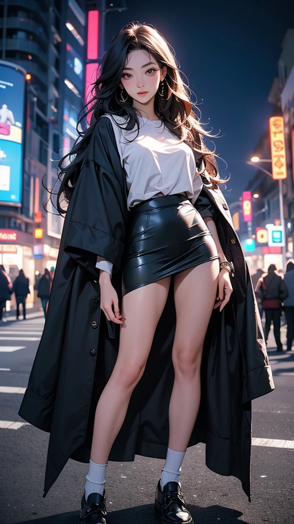 25-year-old young woman: 1.3, Long hair: 1.2, skirt: 1.2, square: 1.2, Light, Surrealism, Ultra HD, precise, Super Detail, Textured Skin, High Detail, best quality, 8K,Full body portrait,City night scene