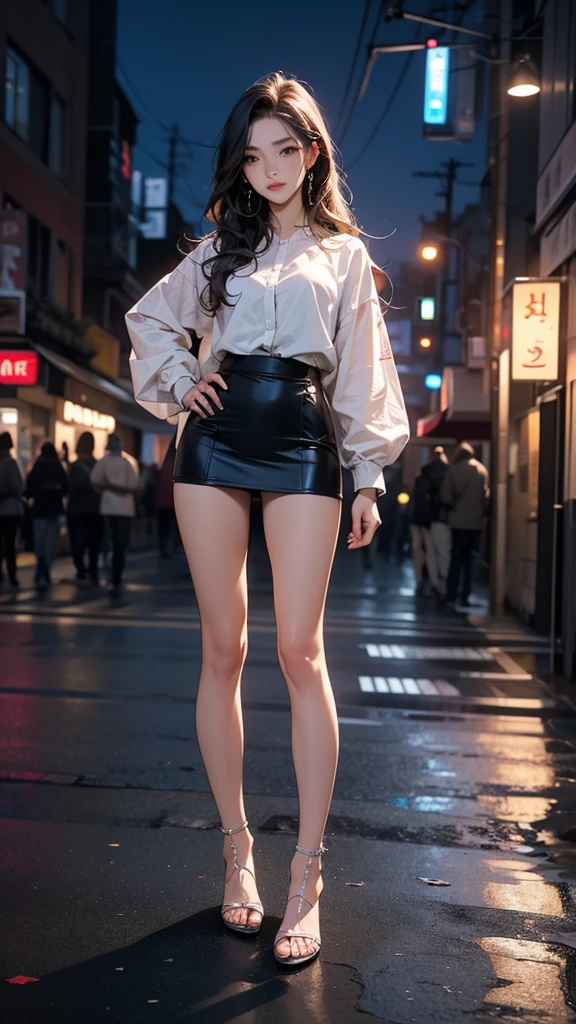 (mature woman:1.4), solo, Long curly hair, detailed eyes, open neckline, ((masterpiece)), (high quality), (best quality), (detailed), hd, perfect lighting, detailed face, detailed body
BREAK
(dynamic sexy pose), striking detailed face, smiling, looking over her shoulder, ((form behind:1.2)),
BREAK
city street, rainy street in a crowded city, (raining),
BREAK
(wearing white tank top and pleated short skirt ):1.4, look back, (camera from below:1.4),
<lora:add_detail:0.8>