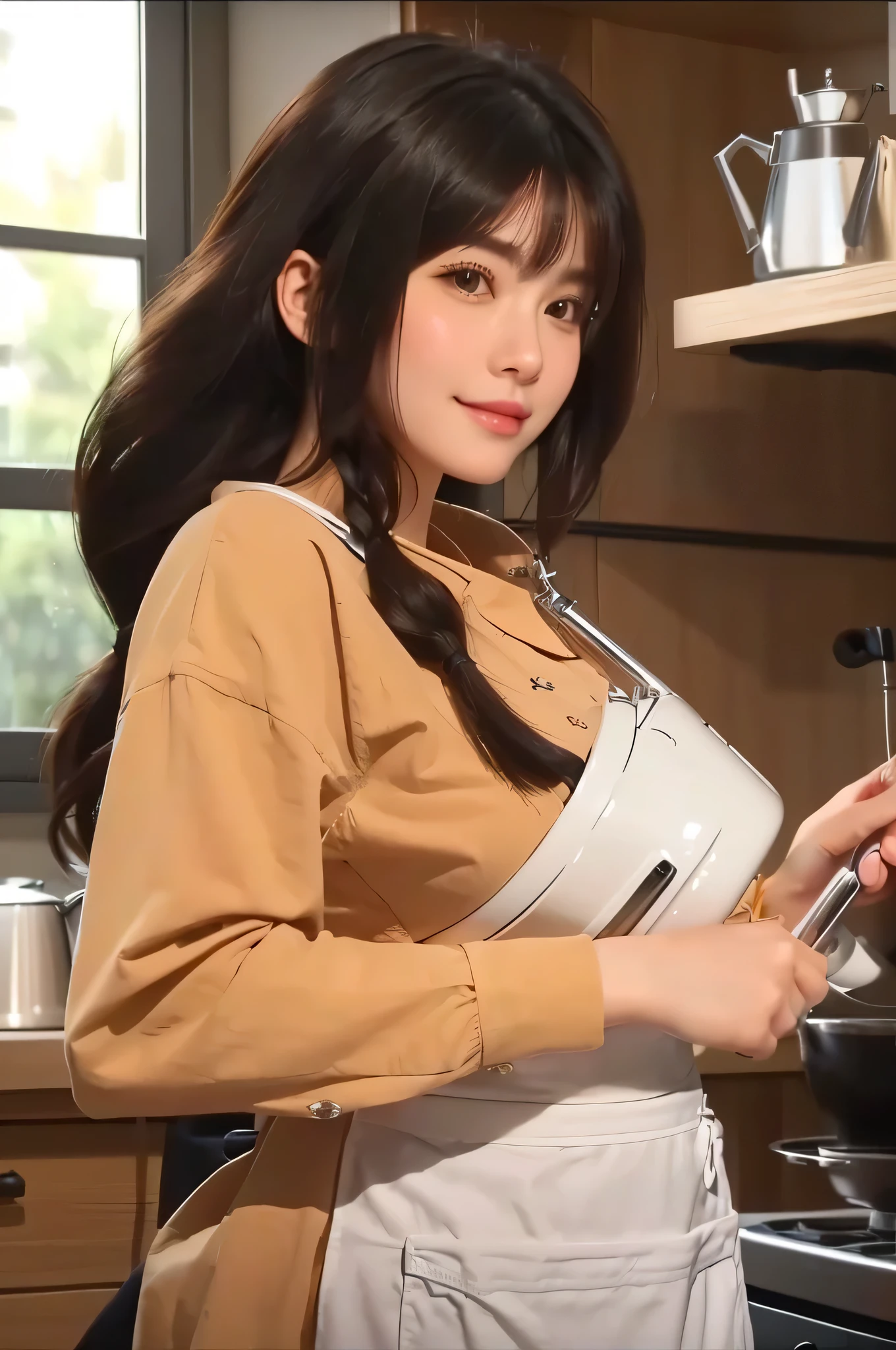 Cute girl in kitchen with a coffee pot and a coffee pot