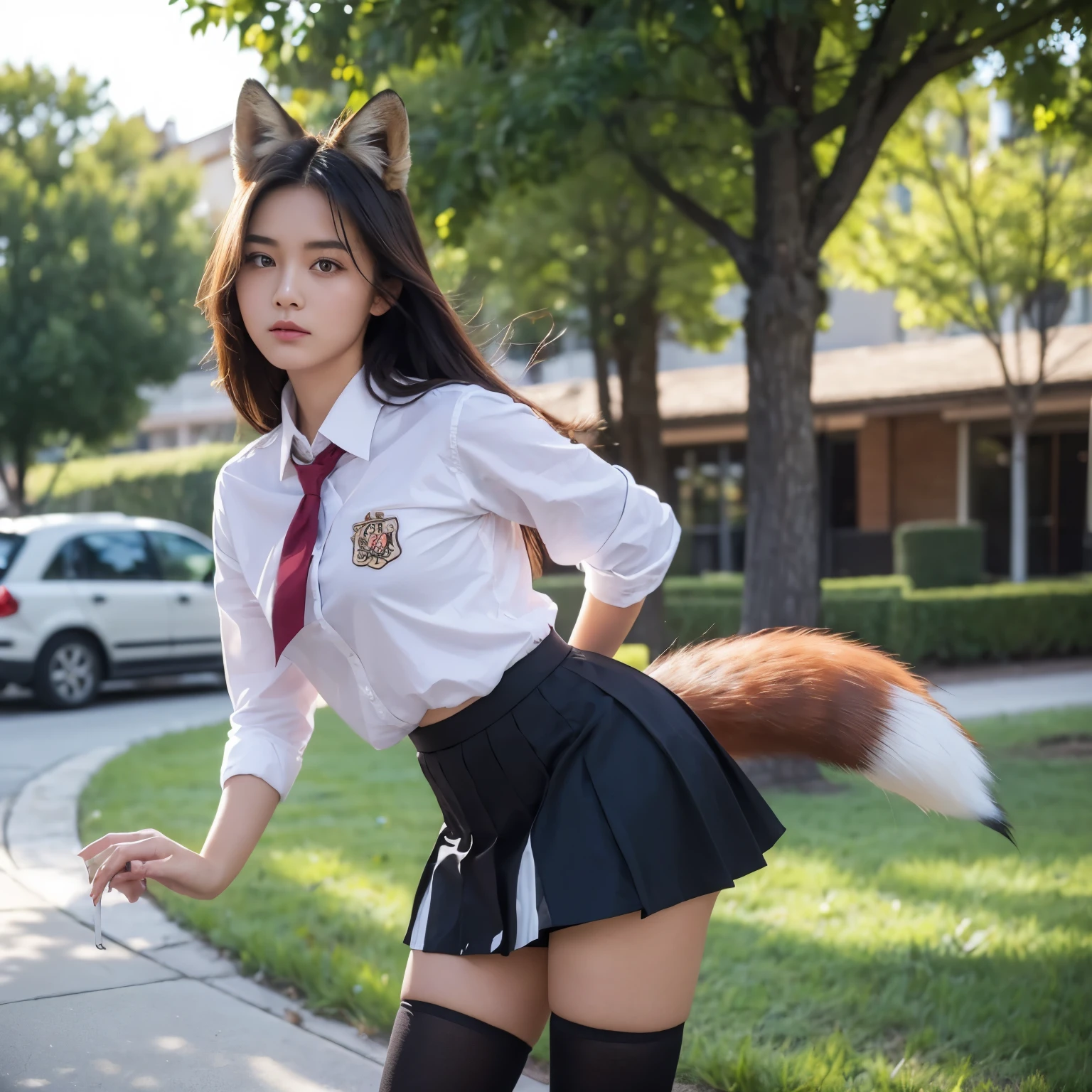 ((Highest quality, 8k)), ((masterpiece)), (Highest Resolution), Perfect Face, Woman with raccoon ears, Female college student, Beautiful woman, Outdoor, One tail, she has thick thighs, Her large raccoon dog tail, She has a brown raccoon tail, She wags her tail, Smiling with teeth showing, Fur collar, she is wearing a short skirt, Beautiful Hips , Raccoon tail sticking out of panties, Big Butt