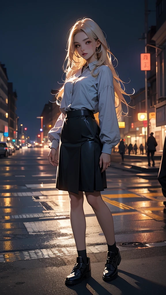 25-year-old young woman: 1.3, Long hair: 1.2, skirt: 1.2, square: 1.2, Light, Surrealism, Ultra HD, precise, Super Detail, Textured Skin, High Detail, best quality, 8K，Full body portrait，City night scene