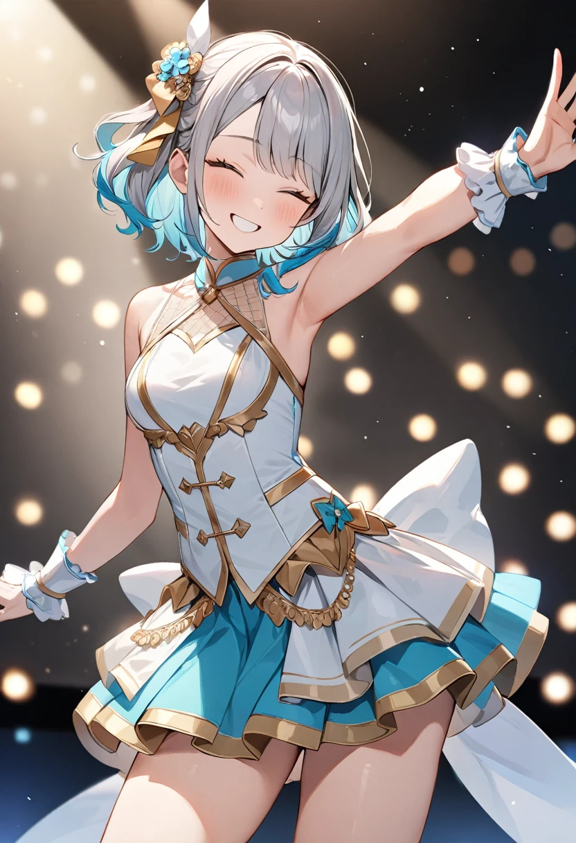 (masterpiece, top quality, very aesthetic, 4k、illustration), intricate detail, 1woman,、solo,contrapposto 、,(cowboy shot)、(),Cute、closed eyes、waving、happy smile、Random Hairstyle、Random Hair Color、,middle hair,sidelock ,Random Color eyes、idol clothes、small breasts、Slim 、