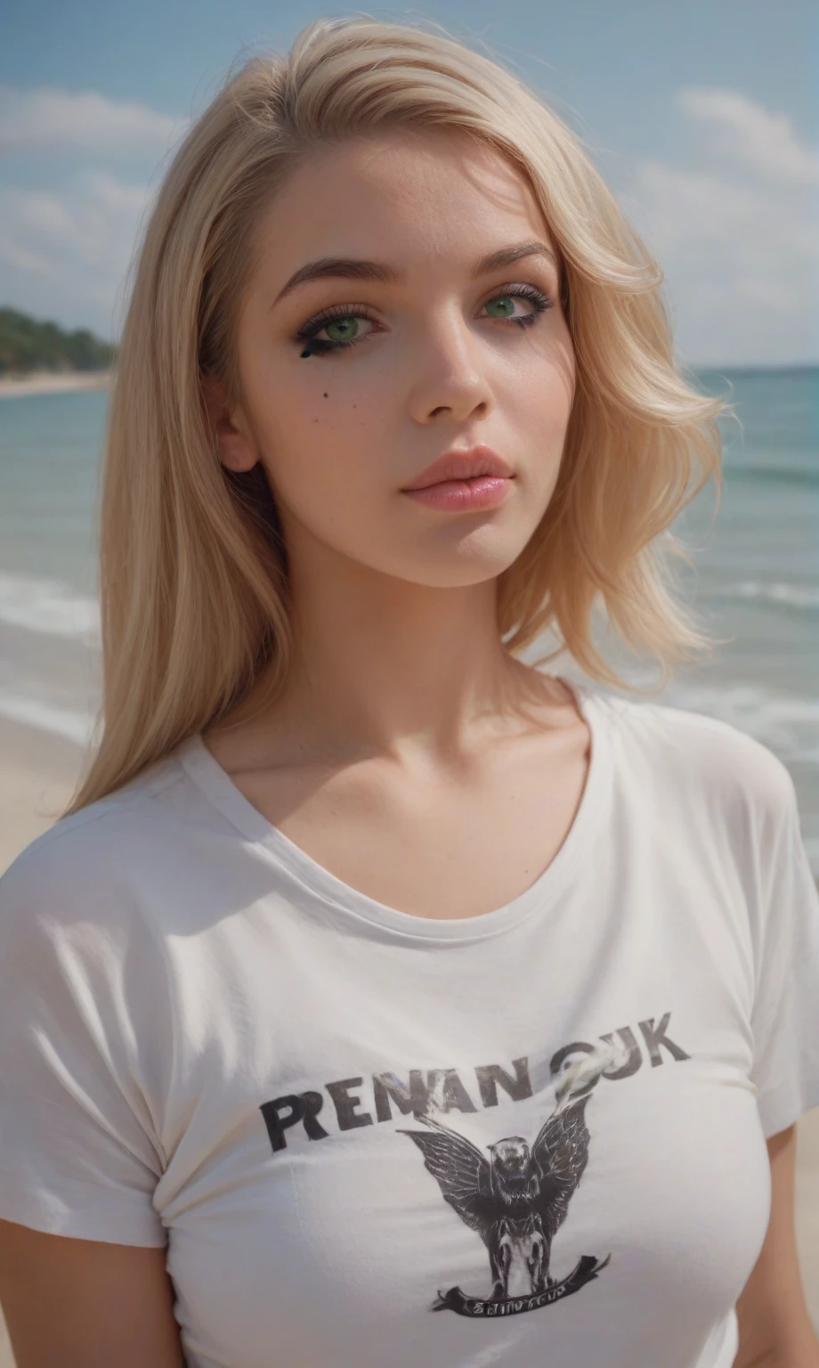 score_9, score_8_up, score_7_up, score_6_up, score_5_up, score_4_up, realistic style, photo, photorealistic, high detail,  curvy blonde, bob hairstyle, light hair, round face, green eyes, very full lips, delicate makeup, pink lips, looking at viewer, wearing a white T-shirt, white thongs, on the beach, sunny day, tag1, tag2